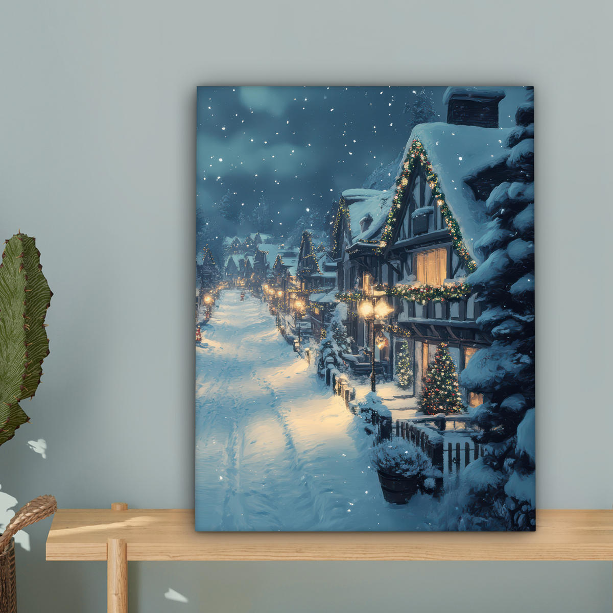 LEINWANDBILD Weihnachtsdorf - Weihnachten - Schnee - Winter 30x40 cm - Dunkelblau, Textil (30/40cm) - MuchoWow