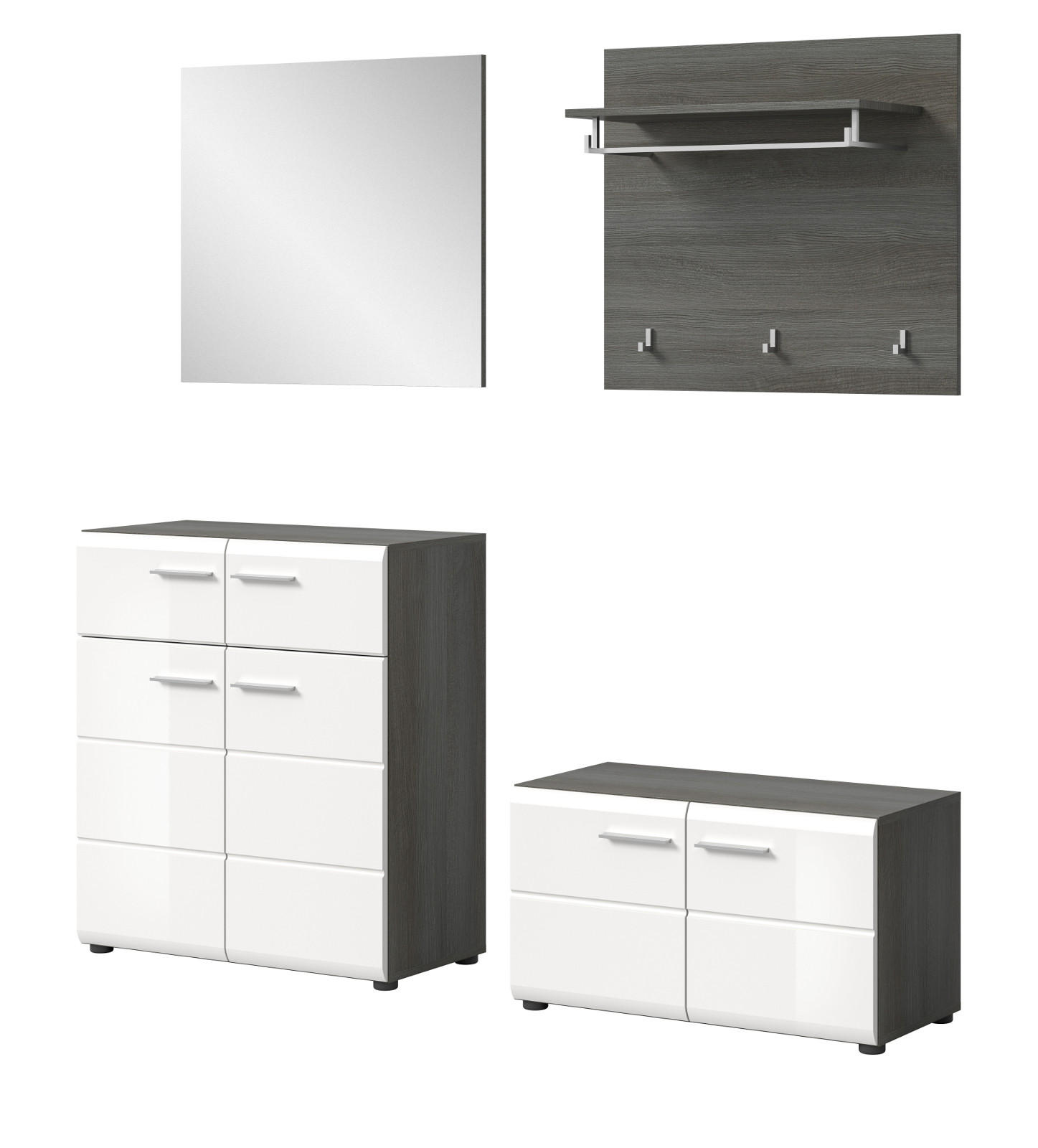 GARDEROBE Set 4-teilig weiß Hochglanz, grau 175 cm, Komplettset mit viel Stauraum - Weiß Hochglanz/Silberfarben, Glas/Holzwerkstoff (175/192/37cm) - Inn.Furn