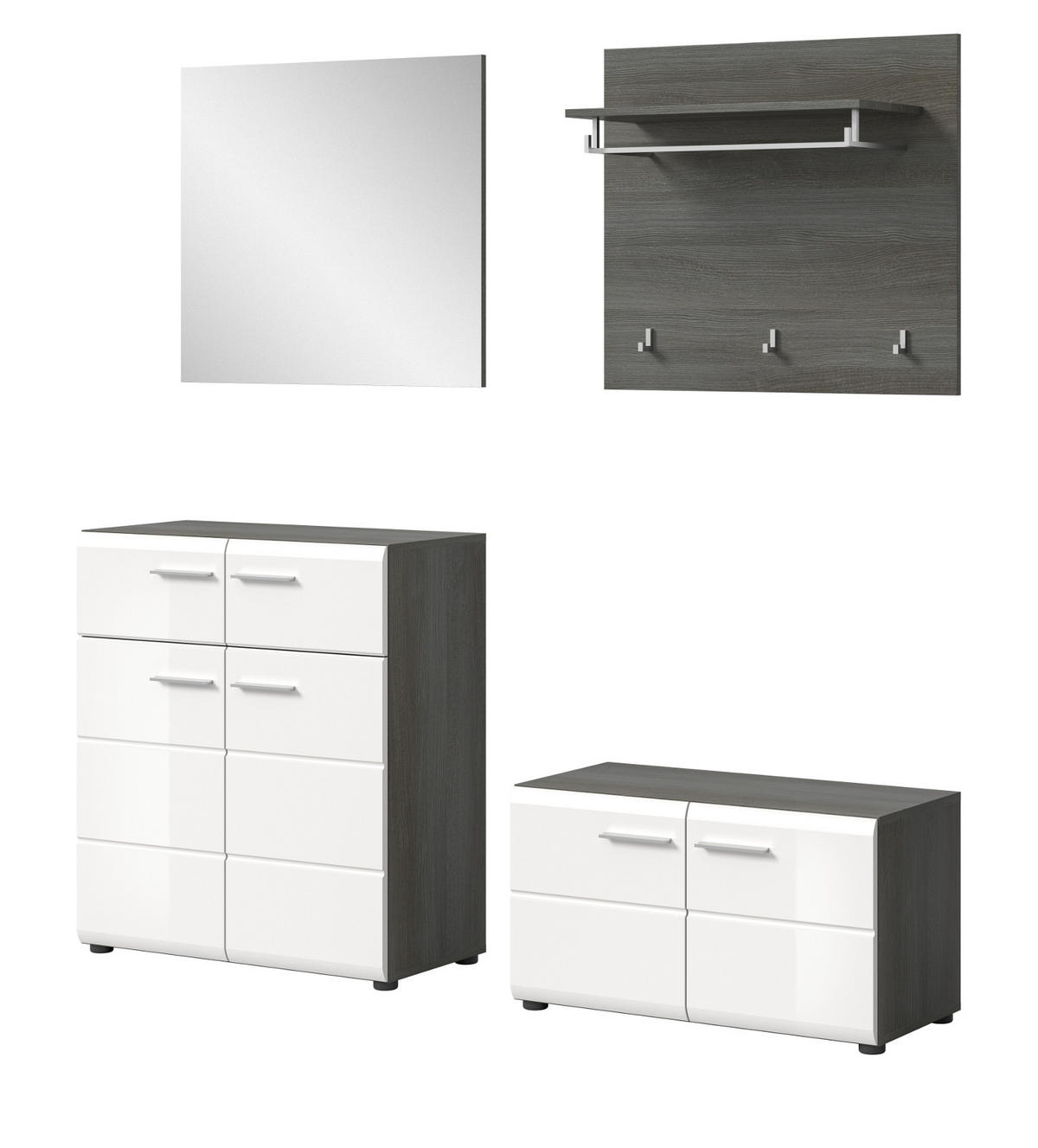 GARDEROBE Set 4-teilig weiß Hochglanz, grau 175 cm, Komplettset mit viel Stauraum - Weiß Hochglanz/Silberfarben, Glas/Holzwerkstoff (175/192/37cm) - Inn.Furn