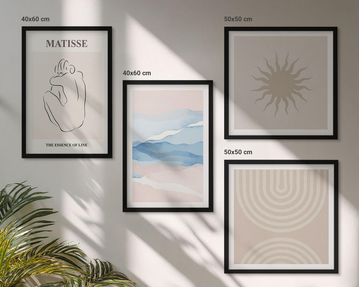 WANDBILDER 4er-Set - 50x50 cm & 40x60 cm Schwarzer Rahmen - Linien, Wellen, Pastellfarben, minimalistisch - Schwarz, Kunststoff (50/50cm) - ArtPrintCave