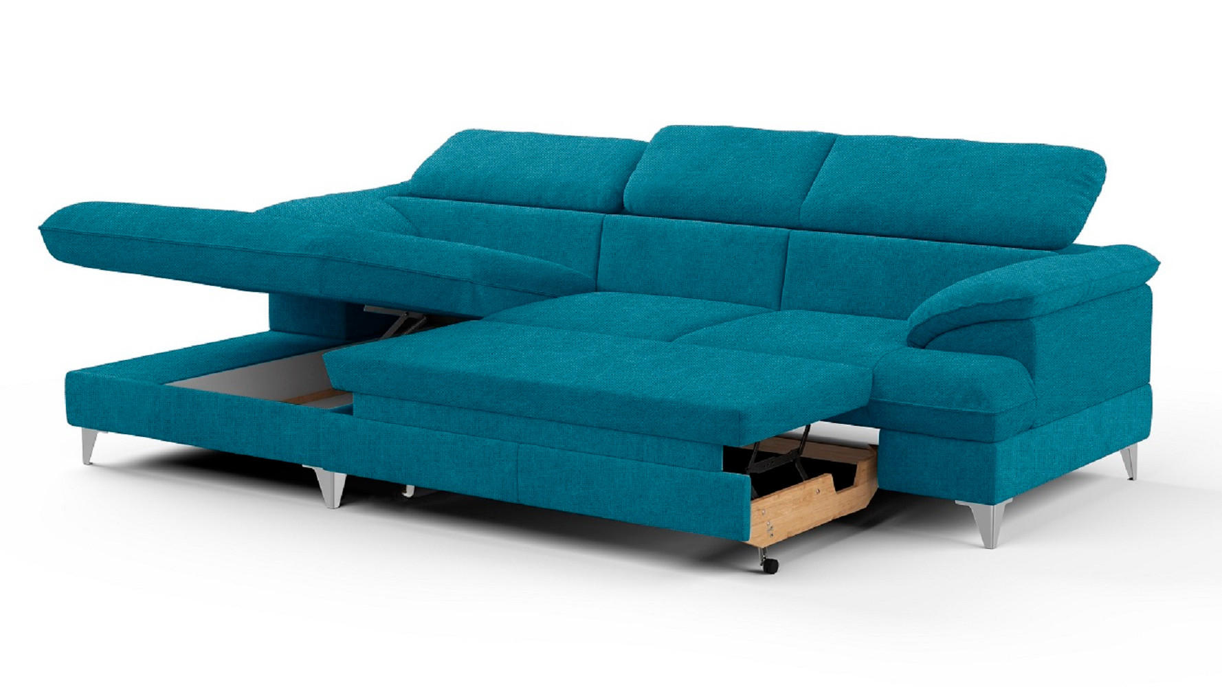 ECKSOFA mit Schlaffunktion und Bettkasten, verstellbare Kopfstützen - Chromfarben/Blau, Textil/Metall (254/167cm) - Cotta
