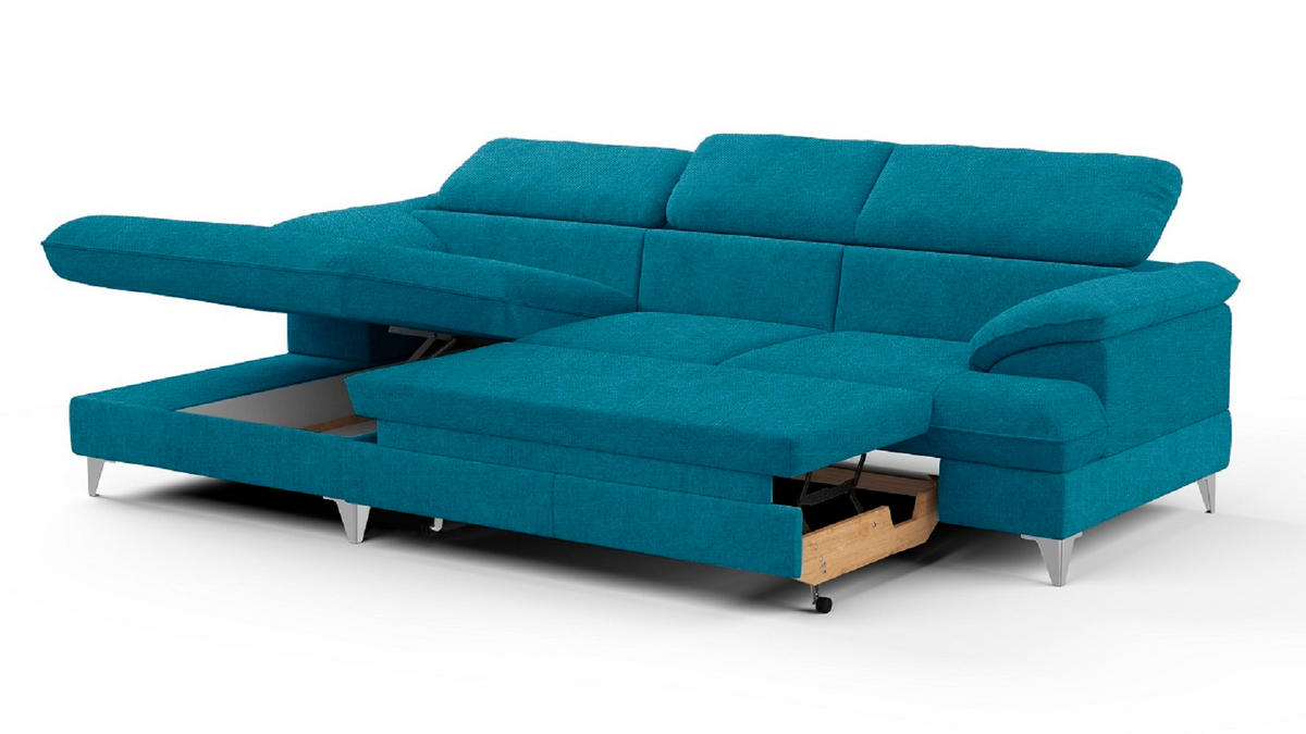 ECKSOFA mit Schlaffunktion und Bettkasten, verstellbare Kopfstützen - Chromfarben/Blau, Textil/Metall (254/167cm) - Cotta