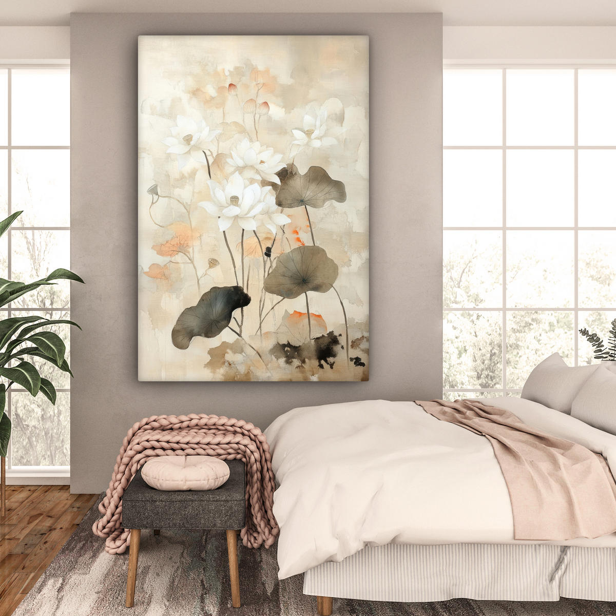 SLIKA NA PLATNU Cvetje 90x140 cm - peščene barve, tekstil (90/140cm) - MuchoWow