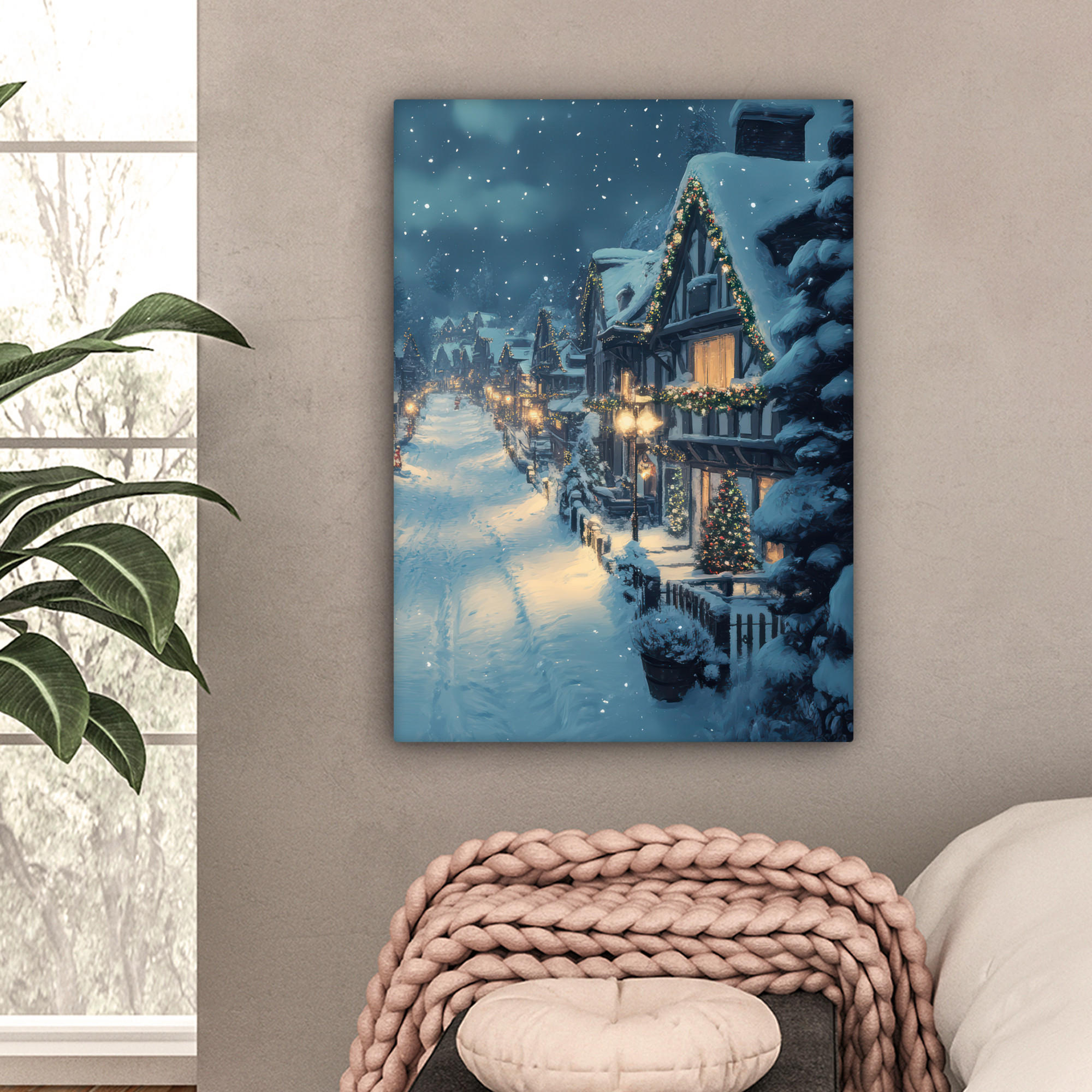 LEINWANDBILD Weihnachtsdorf - Weihnachten - Schnee - Winter 60x80 cm - Dunkelblau, Textil (60/80cm) - MuchoWow