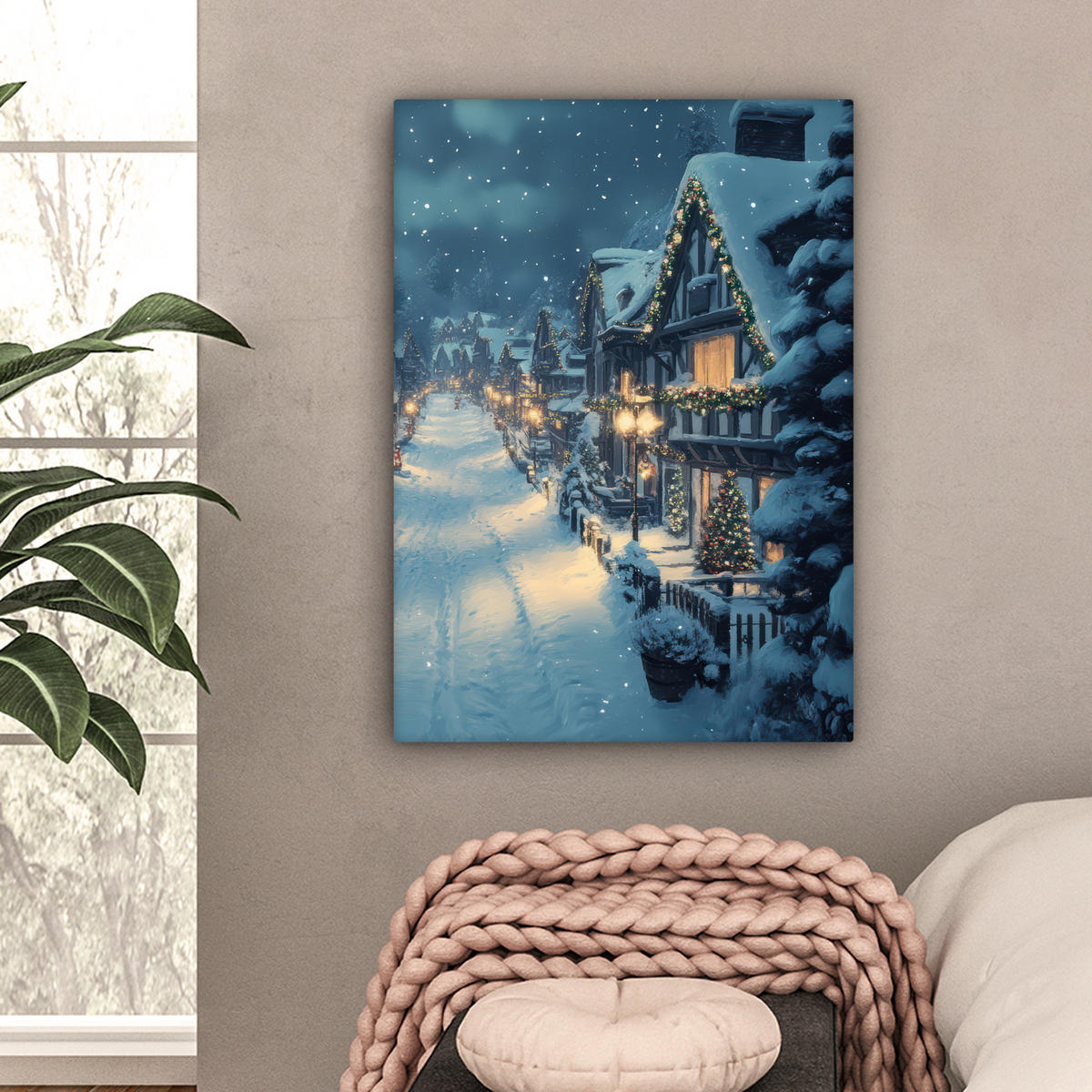 LEINWANDBILD Weihnachtsdorf - Weihnachten - Schnee - Winter 60x80 cm - Dunkelblau, Textil (60/80cm) - MuchoWow