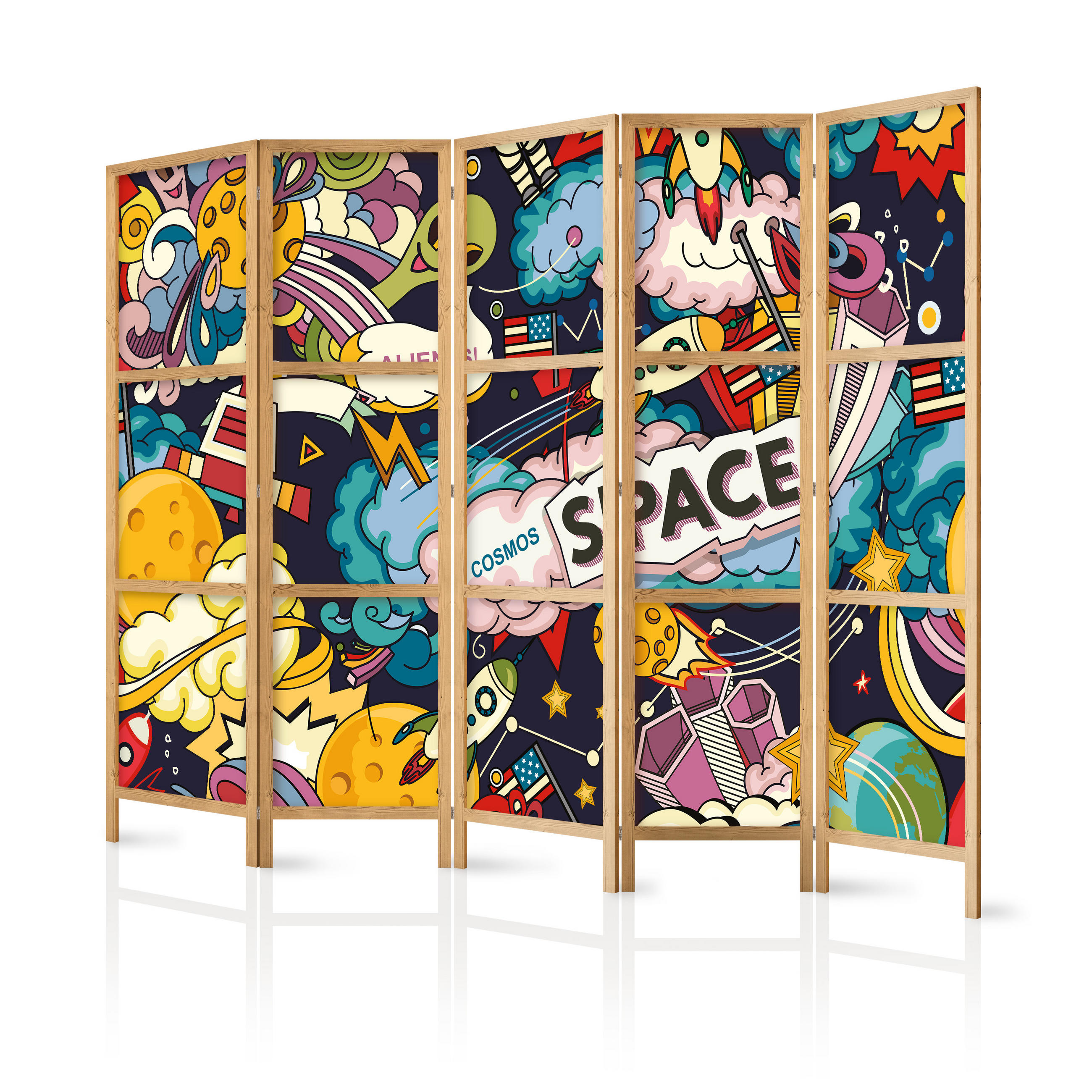 PARAVENT Japanischer 5-tlg 225x172 cm Bunter Comic-Stil - Multicolor, Holz/Textil (225/172/3cm) - Muralo