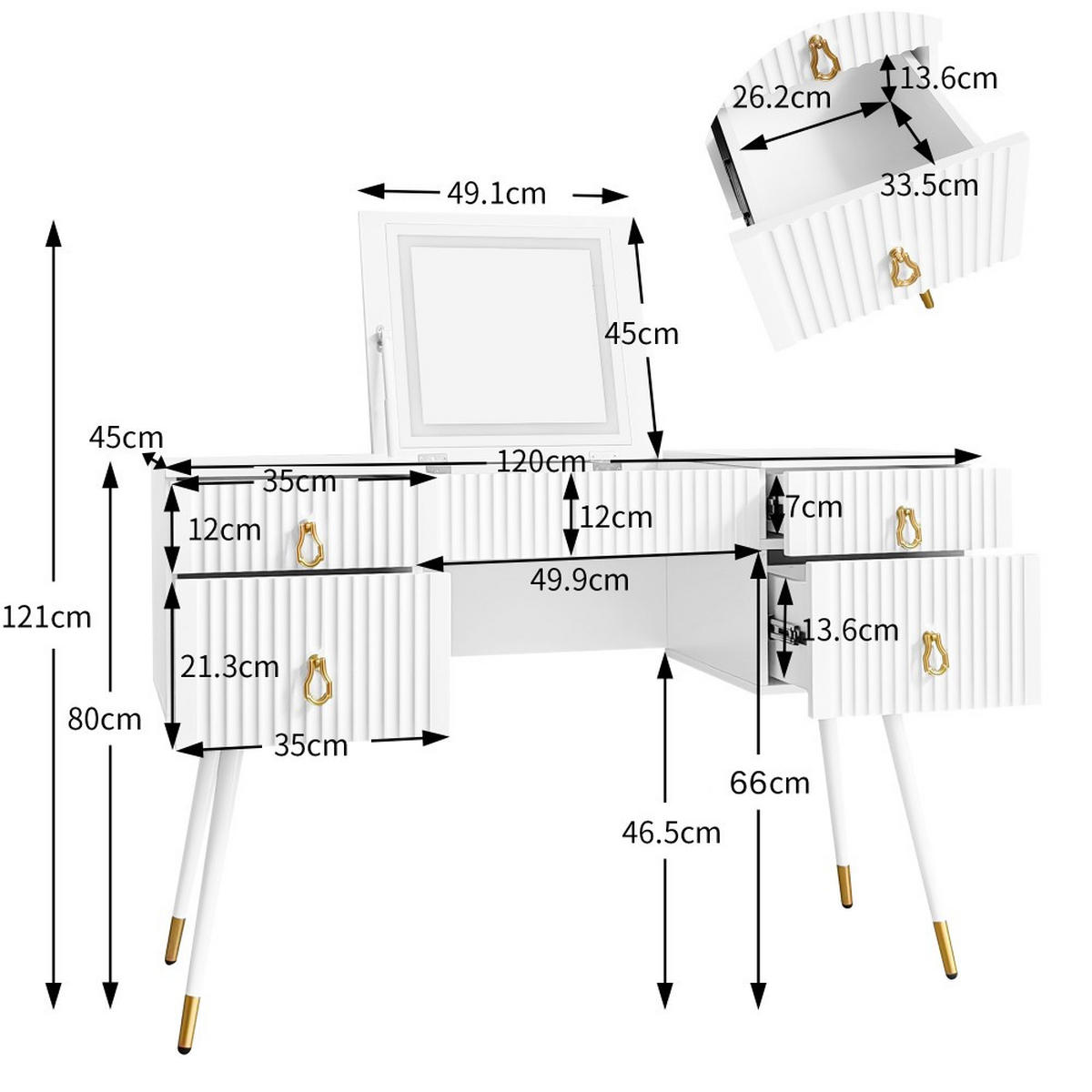 SCHMINKTISCH in Weiß mit LED-Spiegel und mehreren Stauräumen(Ohne Stühle) - Weiß, Holz (45/121/120cm) - KOMHTOM