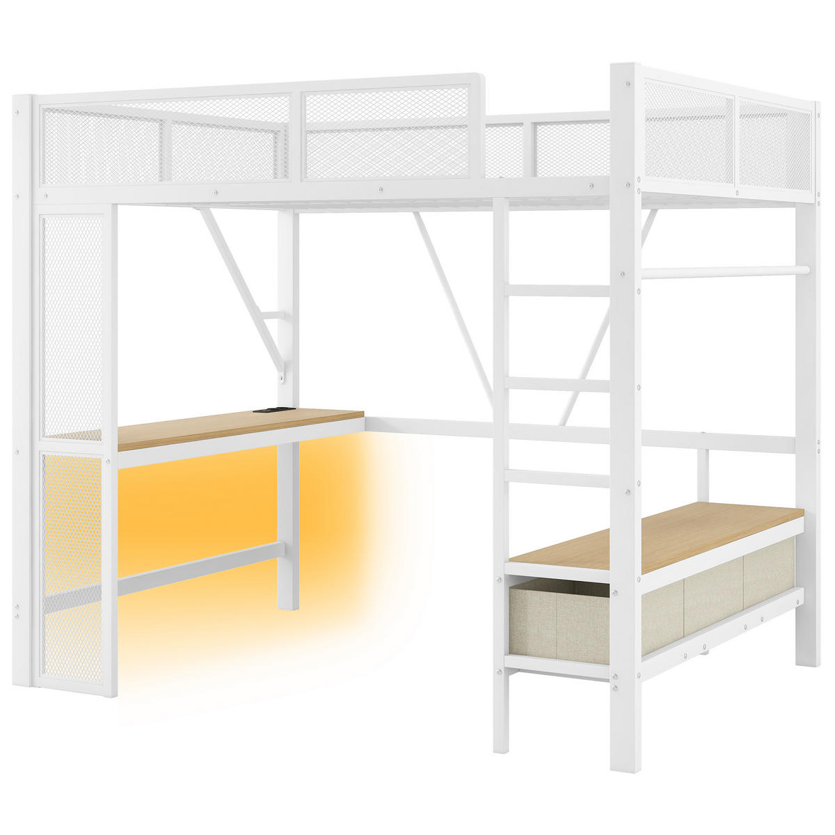 HOCHBETT 140/200 cm DE-03415, mit LED, Schreibtisch, offenem Kleiderschrank und 3 Schubladen, in Weiß - Weiß, Holzwerkstoff/Metall (140/200cm) - ComfortXL