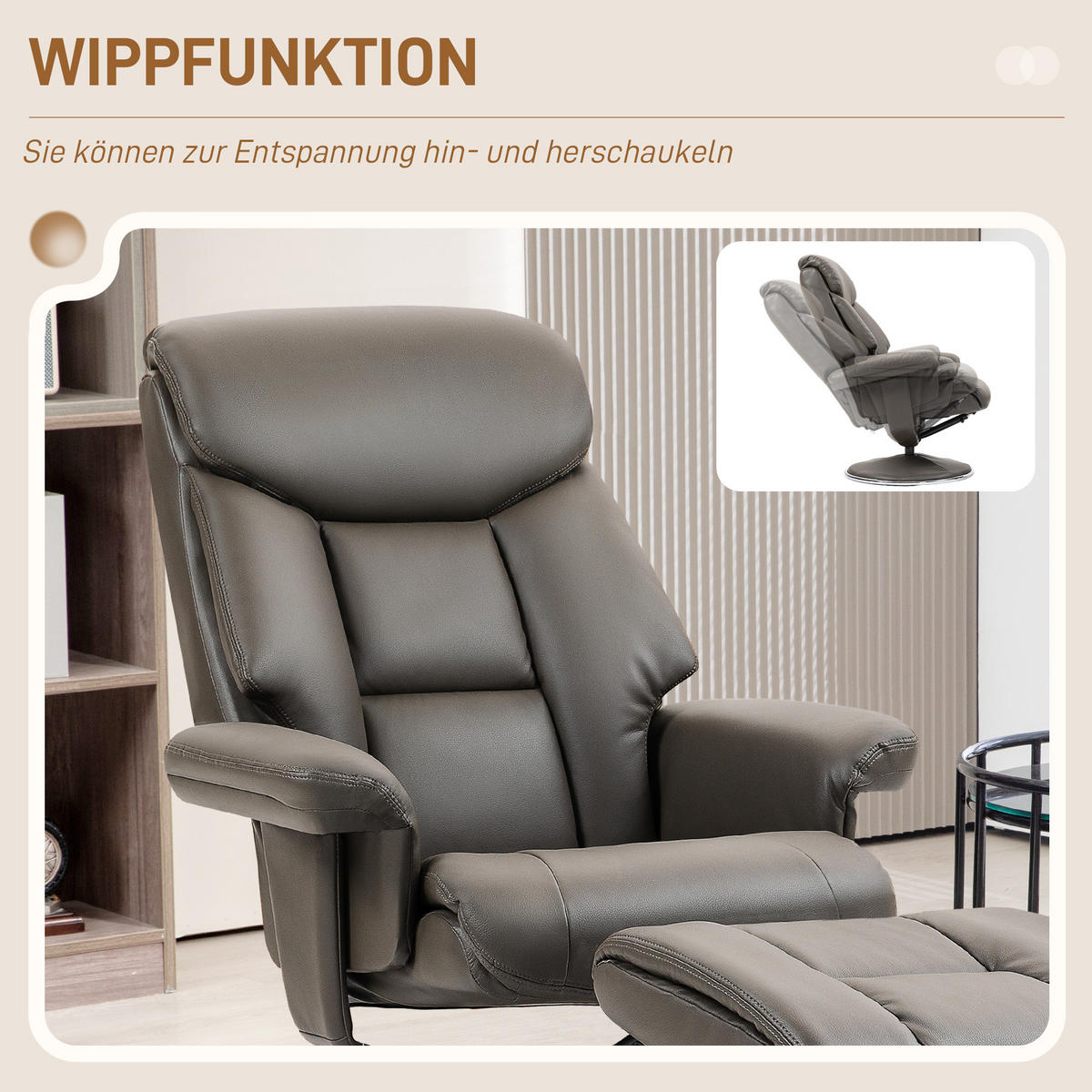 RELAXSESSEL mit Hocker, Fernsehsessel mit Liegefunktion, Wippfunktion Grau - Schwarz/Grau, Leder/Kunststoff (95/107/81cm) - HOMCOM