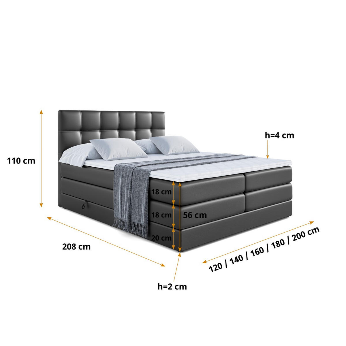 BOXSPRINGBETT MARCE KING - 160x200 - H3/H4 - Schwarz Hochglanz - Schwarz Hochglanz, Holzwerkstoff (160/200cm) - ALTDECOR