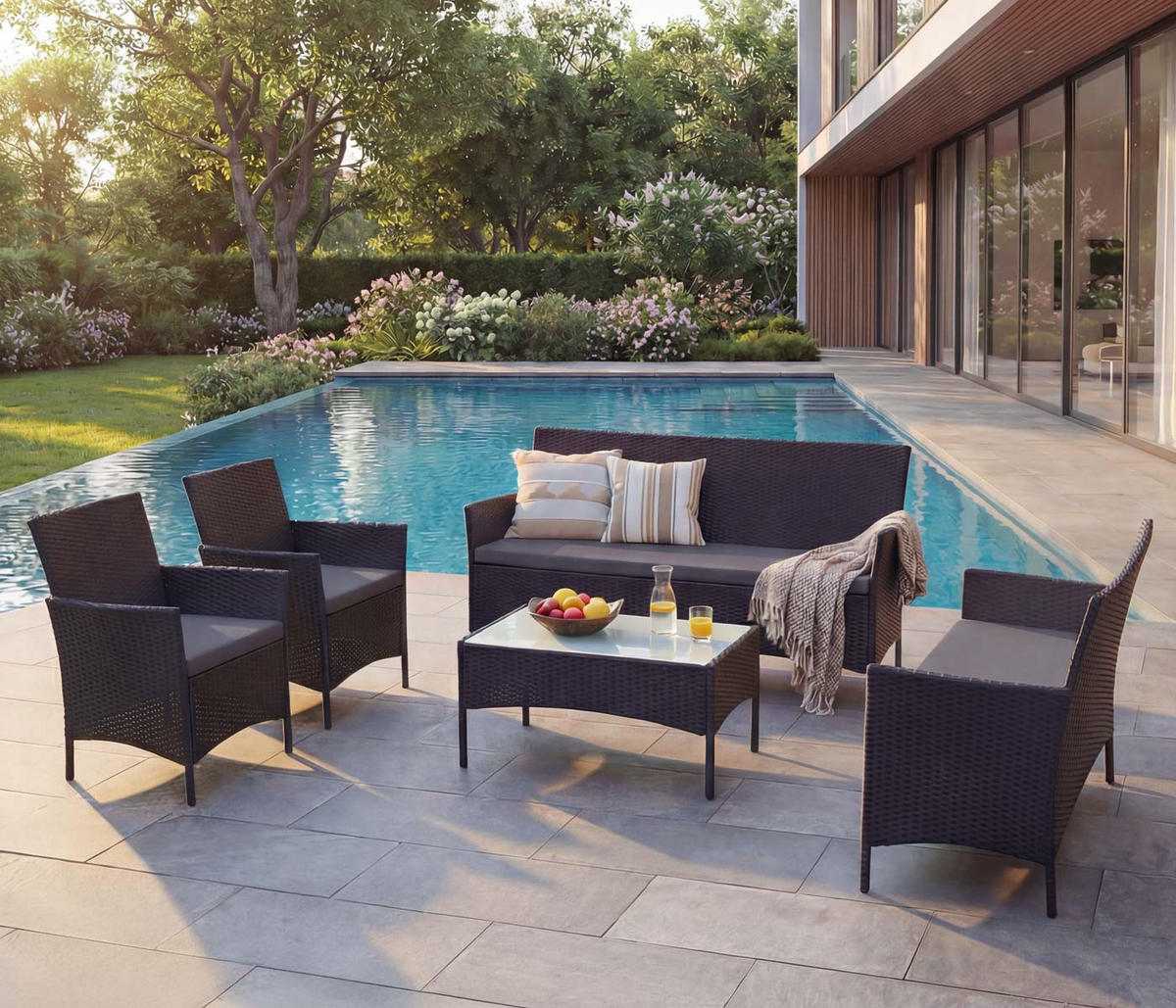 3-2-1-1 POLY-RATTAN GARNITUR Anthrazit - Anthrazit, Kunststoff - MCW