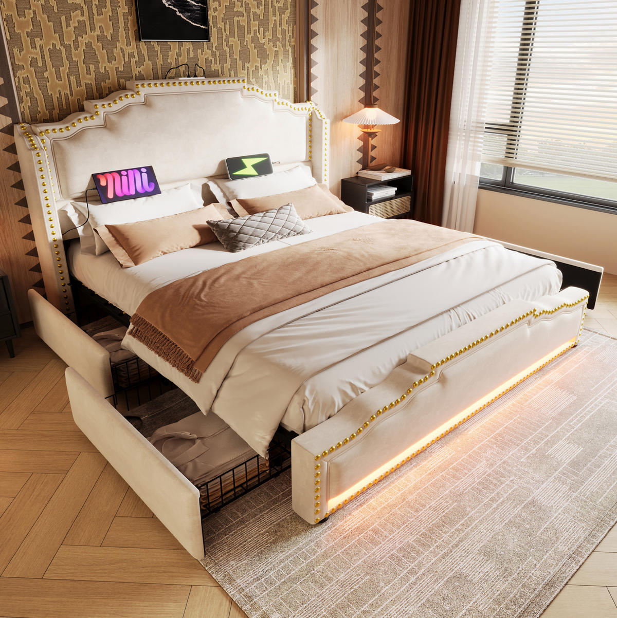 POLSTERBETT mit 4 Schubladen 160x200 cm Samt Beige - Beige, Metall (160/200cm) - Meubliv
