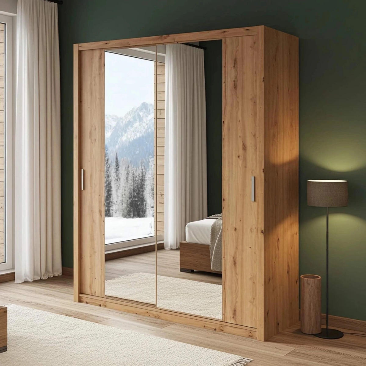 SCHIEBETÜRENSCHRANK Tamiza 200/215/62 mit Spiegel - Silberfarben/Eiche Artisan, Holzwerkstoff/Kunststoff (200/215/62cm) - Ravio