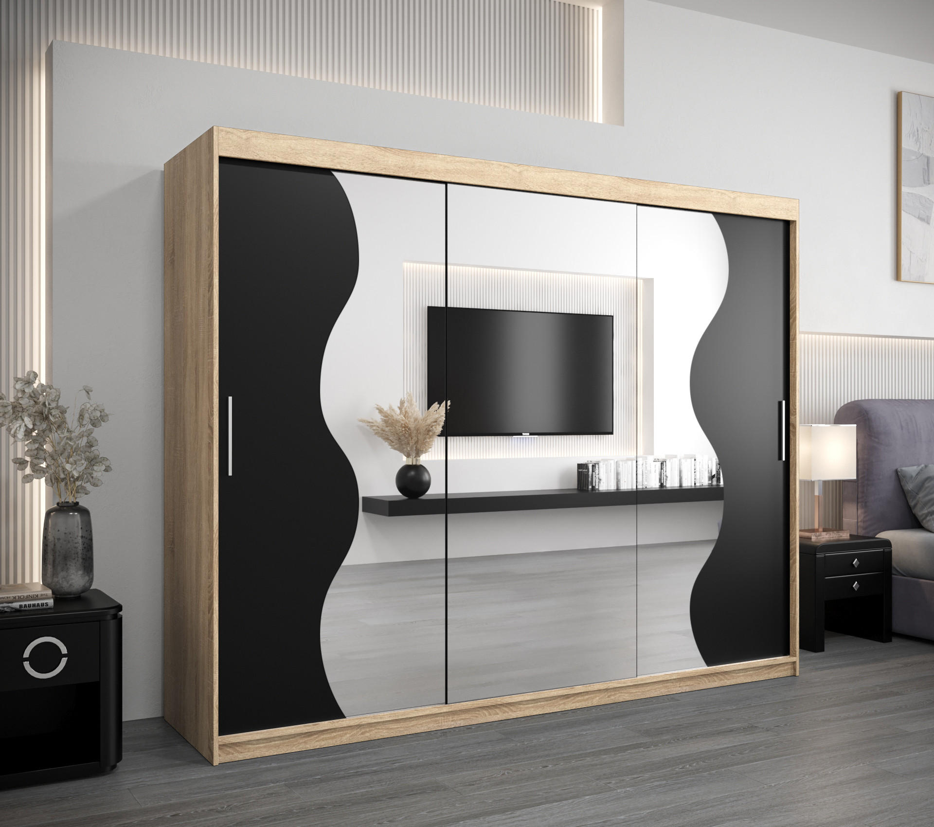 SCHWEBETÜRENSCHRANK 200/250/62 3-türig - Silberfarben/Schwarz, Holz/Kunststoff (250/200/62cm) - MÖBEL KRYSPOL