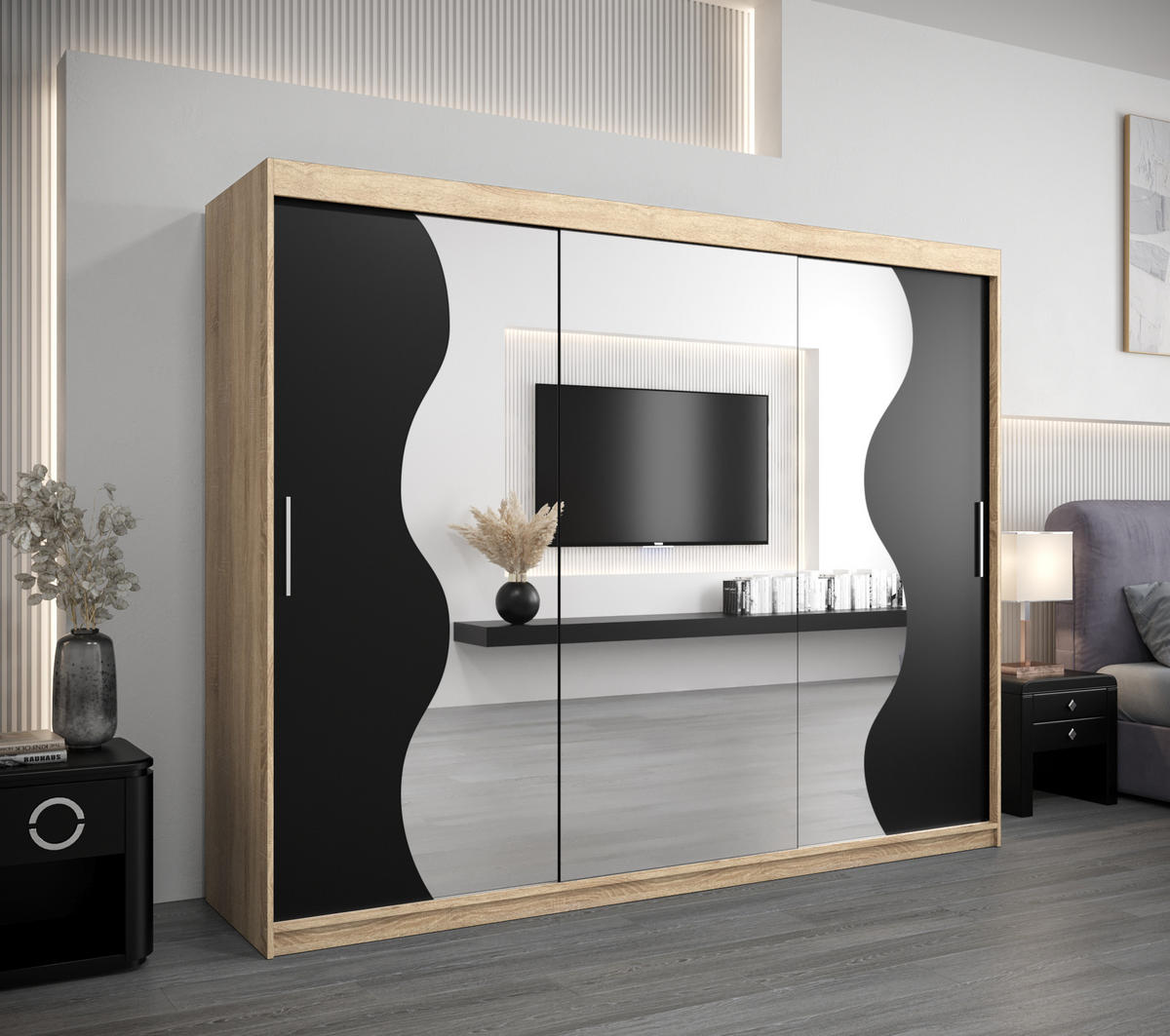 SCHWEBETÜRENSCHRANK 200/250/62 3-türig - Silberfarben/Schwarz, Holz/Kunststoff (250/200/62cm) - Abiks Möbel