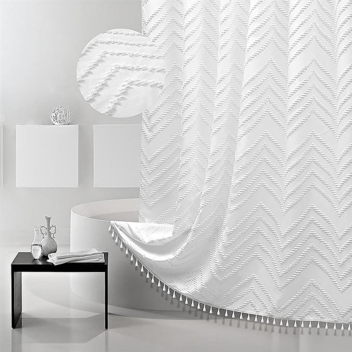 DUSCHVORHANG, weiß, „W“-Muster, 183 x 183 cm, Polyester - Weiß, Textil (183/183cm) - Authentics
