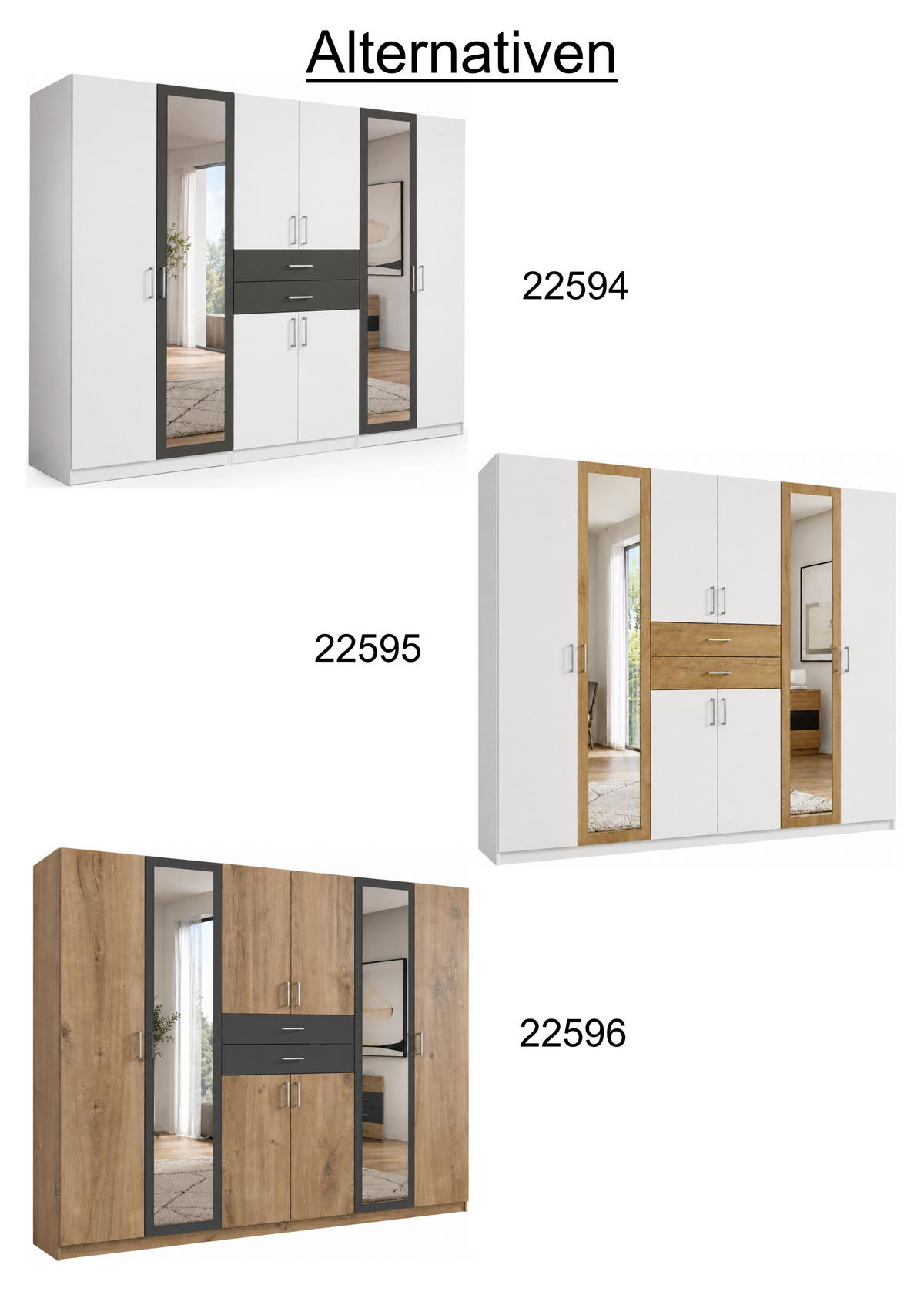 DREHTÜRENSCHRANK Kleiderschrank B270/H208/T58 cm mit Schubkästen & 2 Spiegeltüren, Weiß mit Absetzungen in Eiche Dekor / 22595 - Eichefarben/Silberfarben, Holzwerkstoff/Kunststoff (270/208/58cm) - luma-home
