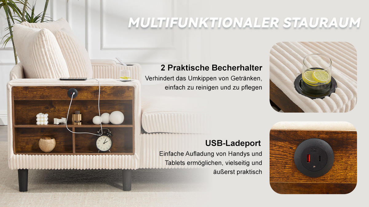 SCHLAFSOFA 129/170/70 cm aus Cord mit LED-Beleuchtung und USB-Ladeanschluss Beige - Beige, Textil (170/70/129cm) - Modenvie