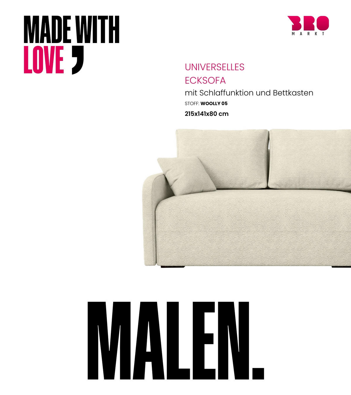 ECKSOFA Malen mit Schlaffunktion Beige Bouclé - Creme, Textil (215/141cm) - Bromarkt