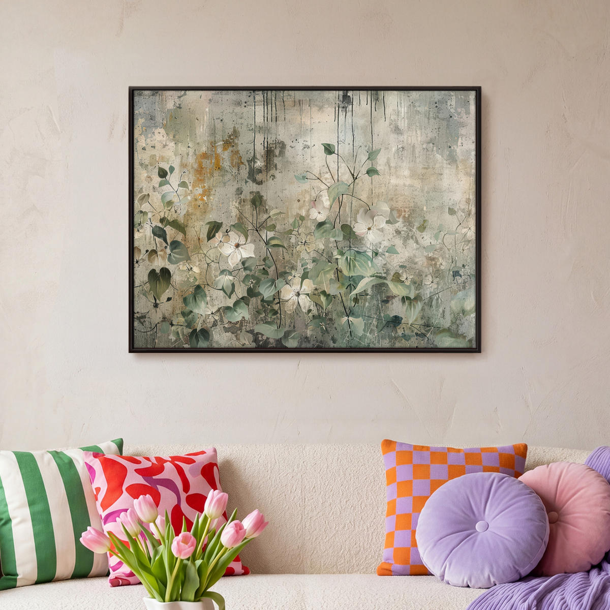 LEINWAND Bilder mit Rahmen - Blumen - Blätter - Abstrakt - Modern - 80x60 - Grau, Textil (80/60cm) - MuchoWow