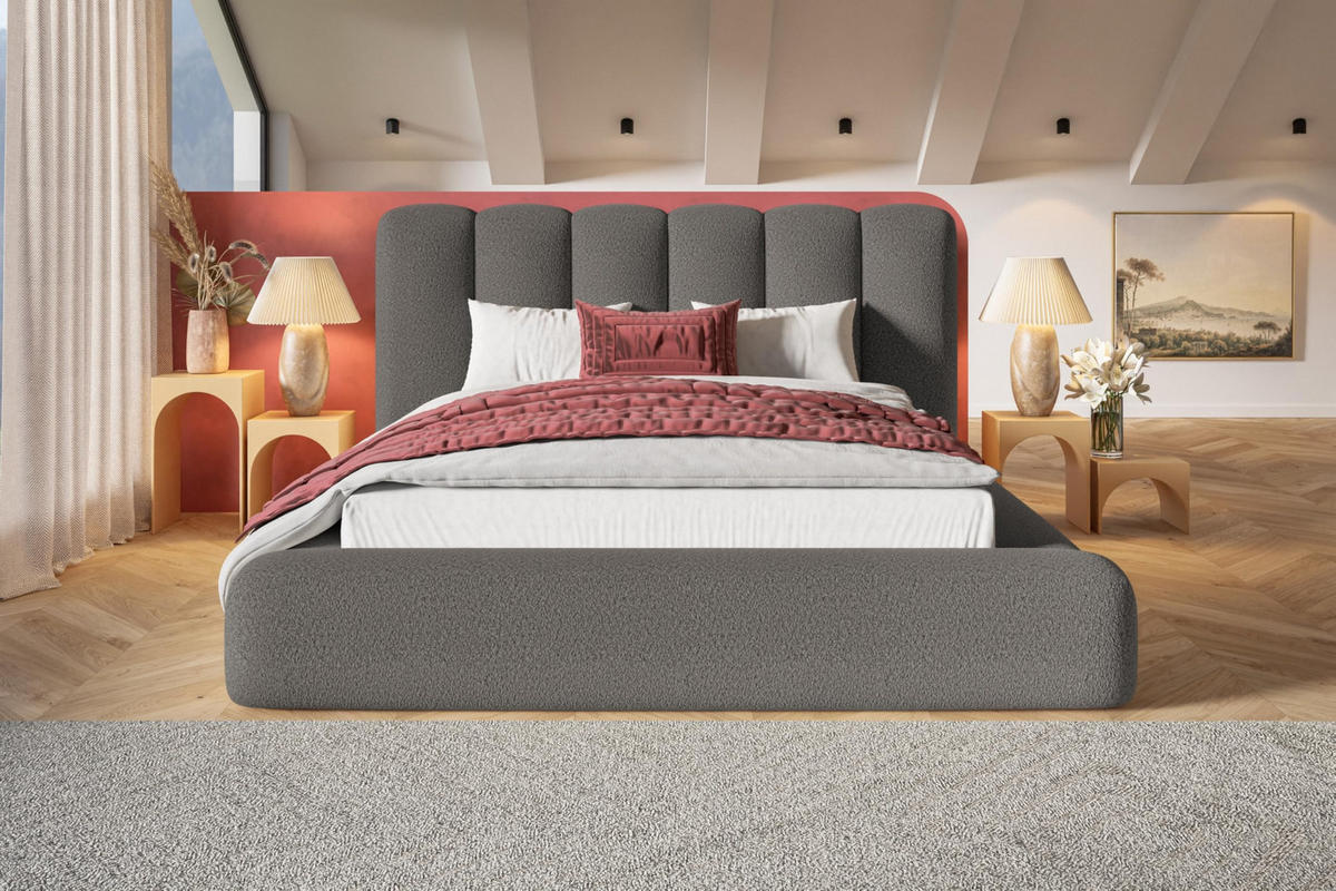 BETT 180x200 - Polsterbett mit Bettkasten und Metallrahmen - Modern Bett - Eleganter Catch Me-Stoff - Kollektion Alva Maxi - Grau - Grau, Holz/Textil (180/200cm) - Alpi-Möbel