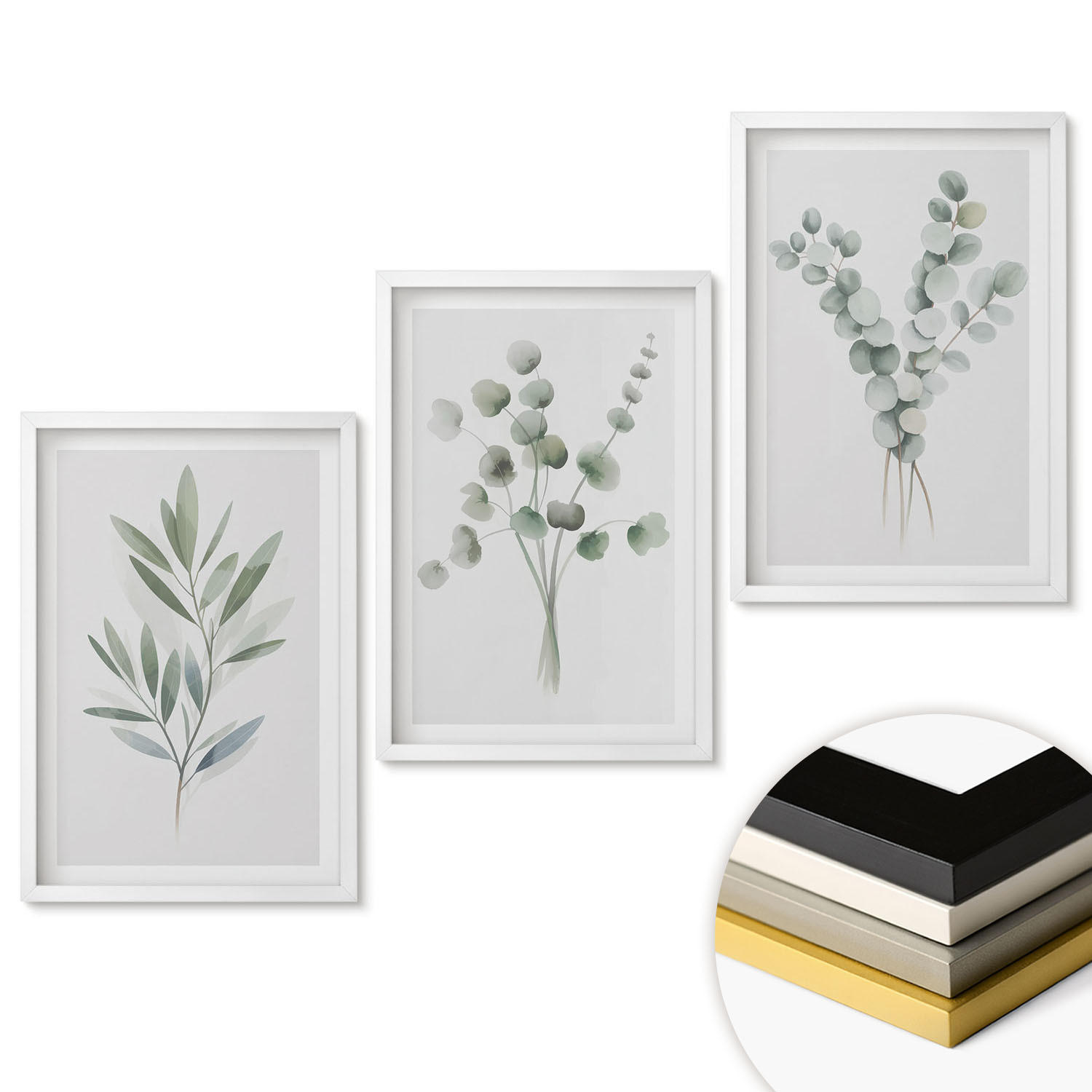 WANDBILDER 3er-Set - 40x60 cm Weißer Rahmen - Pflanzenmuster mit Grün - Weiß, Kunststoff (40/60cm) - ArtPrintCave