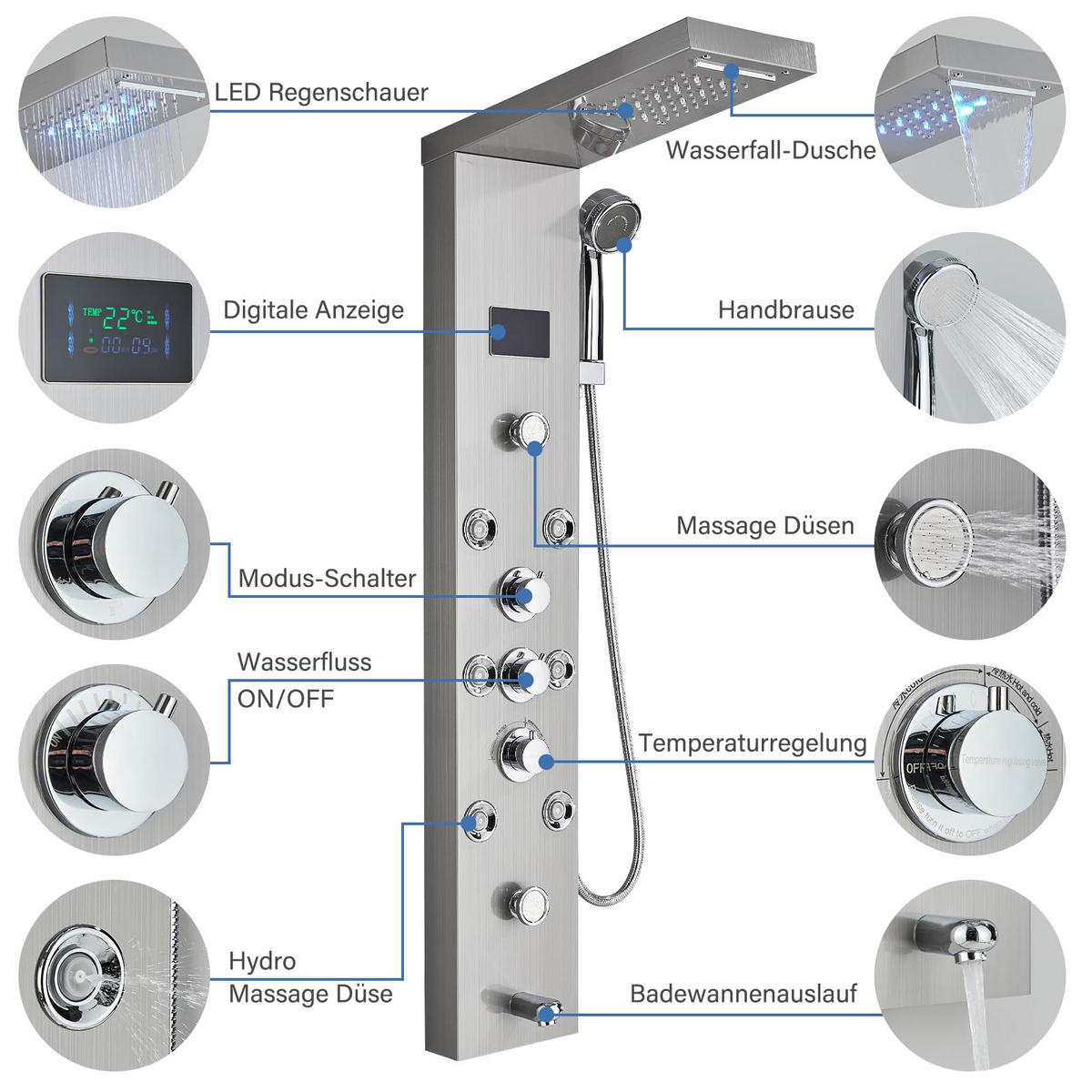 ÜBERKOPFBRAUSESET Edelstahl gebürstet Hydromassage 8 Jets Temperaturanzeige - Silberfarben, Metall (20/122/46cm) - Kaket