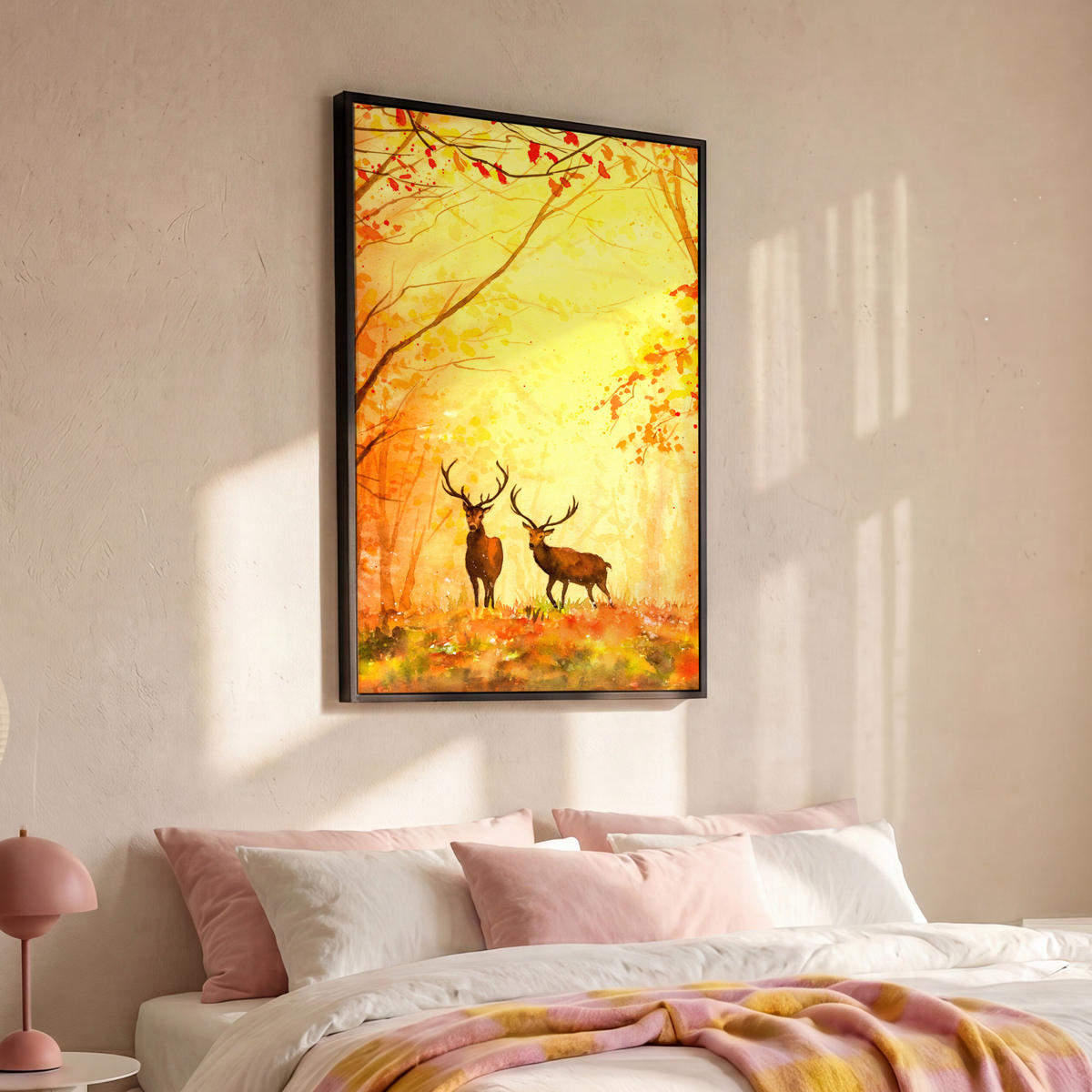 LEINWAND Bilder mit Rahmen - Natur - Ölfarbe - Hirsche - Tiere - Herbst - Orange - 80x120 - Orange, Textil (80/120cm) - MuchoWow