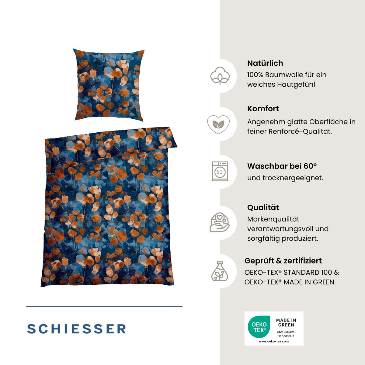BETTWÄSCHESET Maxima - Renforcé - 2-teilig - 135 x 200 cm - Blau-Rost - Rostfarben, Textil (135/200cm) - SCHIESSER