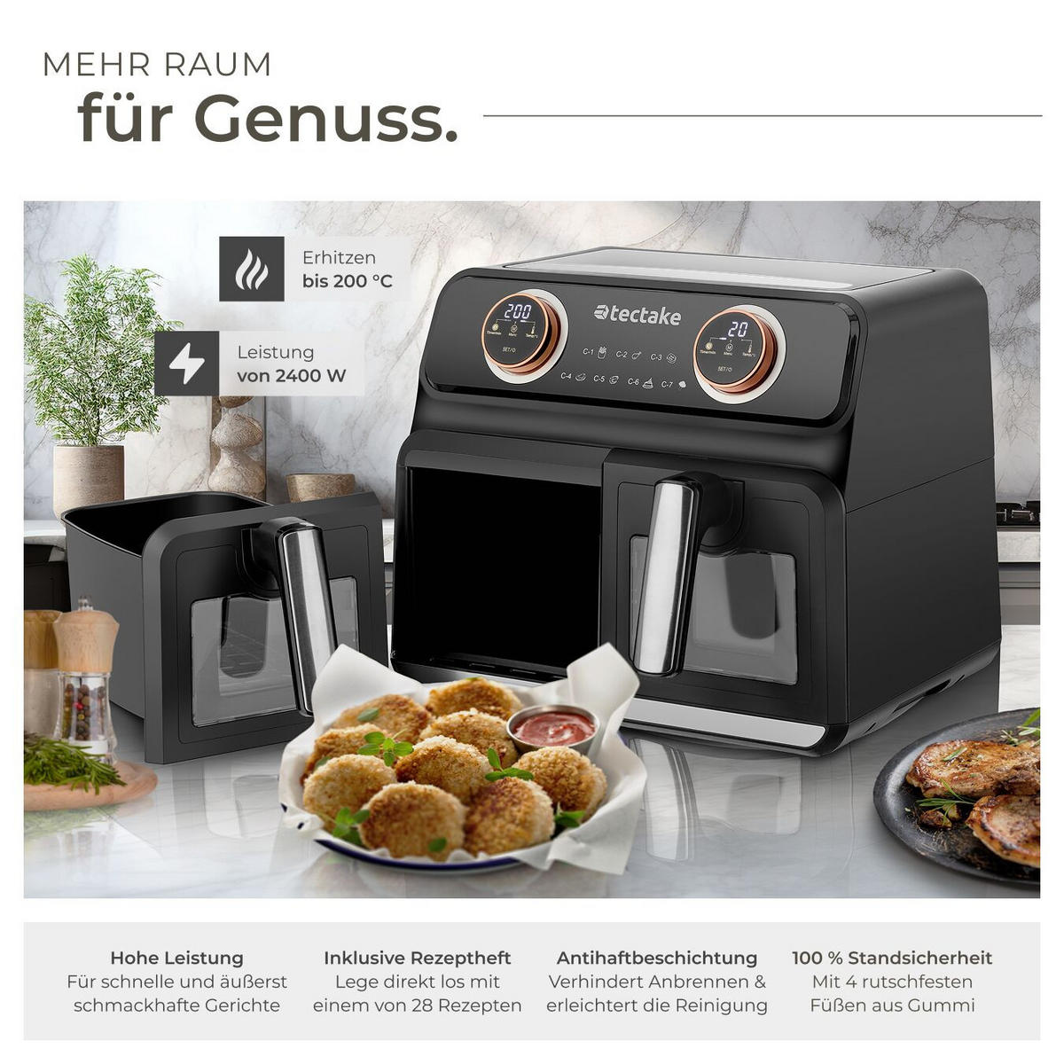 HEISSLUFTFRITTEUSE Samurai, 37,5 x 39 x 31,5 cm, inklusive Rezeptheft, schwarz - Schwarz, Kunststoff (37.5/31.5/39cm) - tectake