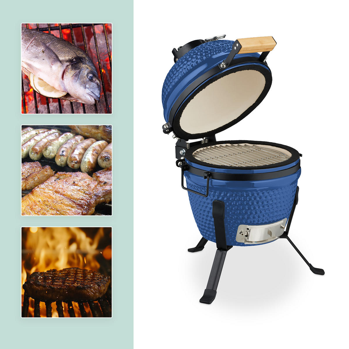 KAMADO-GRILL - Blau, Keramik/Metall (34/56.5cm) - Relaxdays