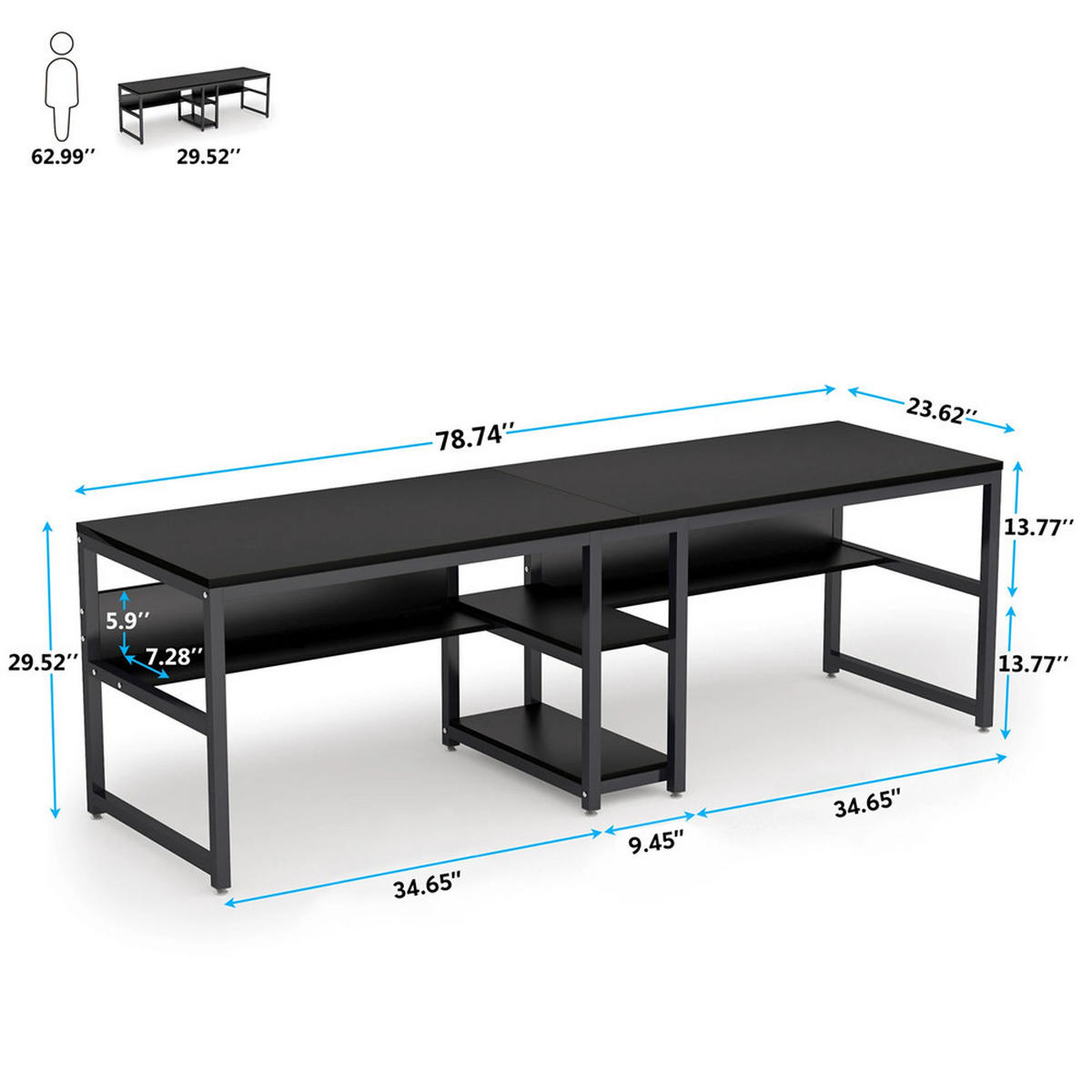 SCHREIBTISCH 200/60/75 cm Doppel Computertisch 2 Personen - Schwarz, Metall (200/60/75cm) - Kaket
