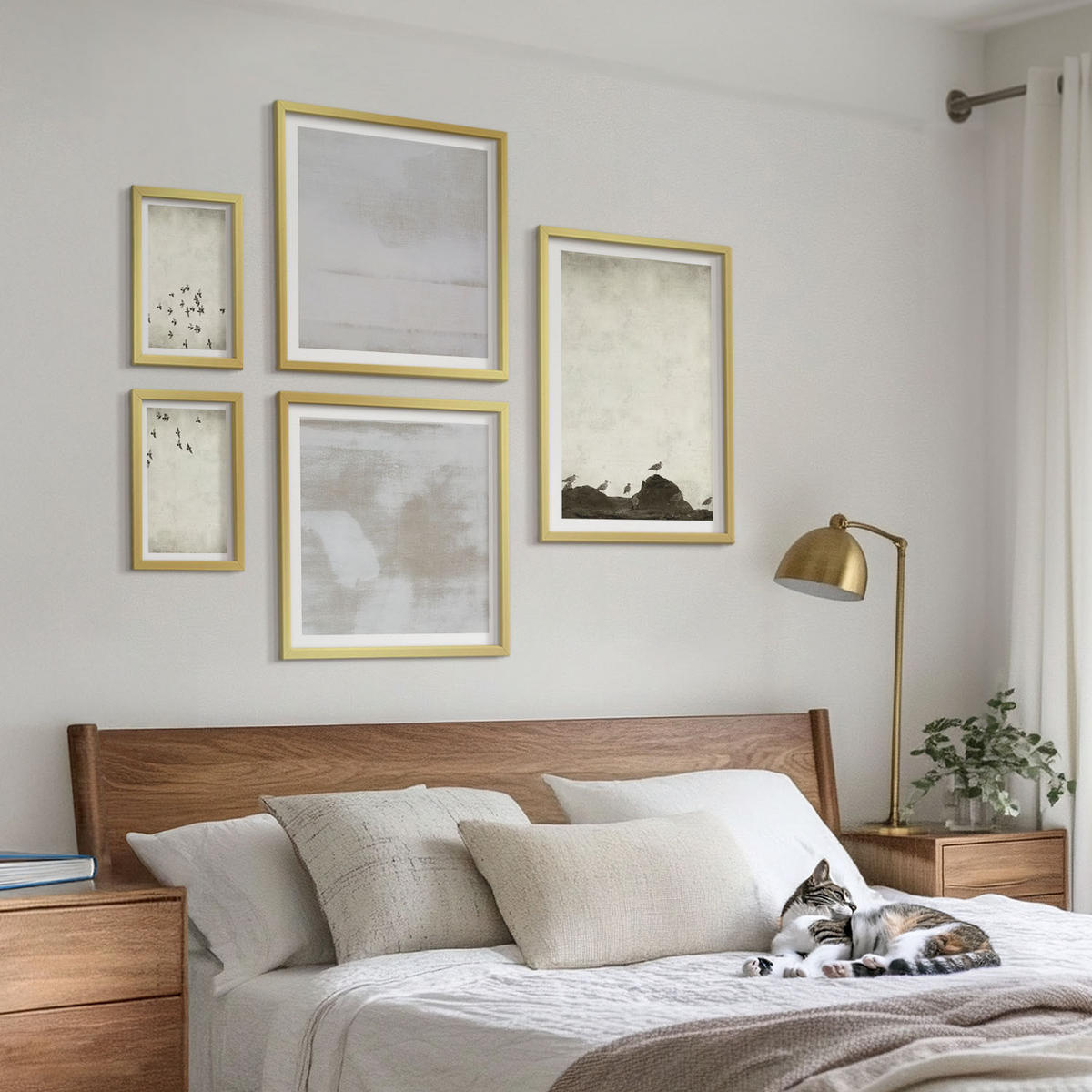BILDER SET 5er Set - 50x50 cm & 20x30 cm & 40x60 cm Goldrahmen - Minimalistische Vögel im Flug - Goldfarben, Kunststoff (40/60cm) - TULUP