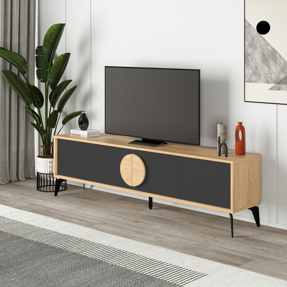 TV-MÖBEL 4 Türen Vae - L180 cm - Eiche Artisan/Grau, Holzwerkstoff (35/51/180cm) - Calicosy