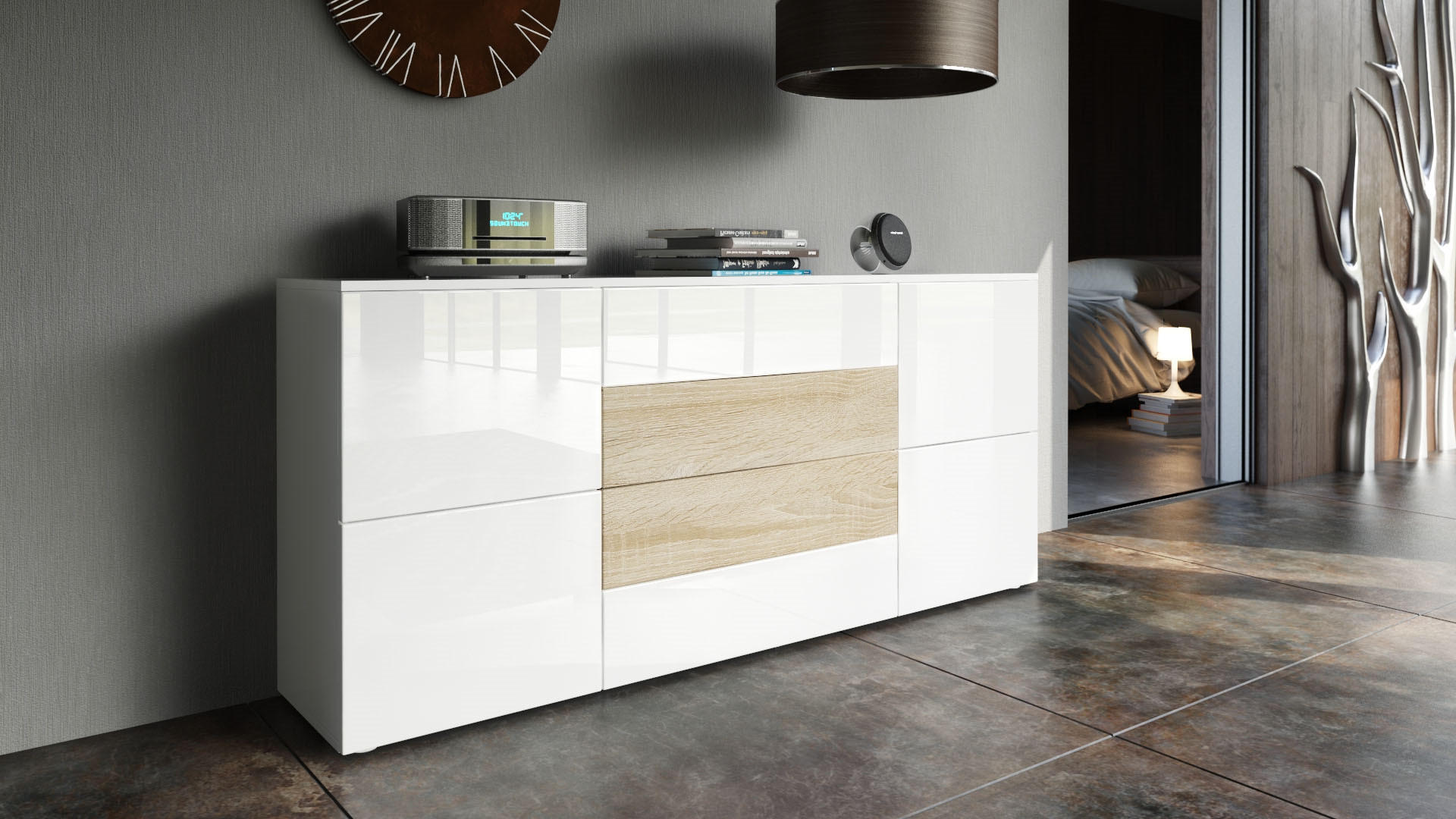 SIDEBOARD Rova Weiß Hochglanz / Eiche sägerau - Weiß Hochglanz/Eiche San Remo, Holzwerkstoff (166/72/35cm) - Vladon