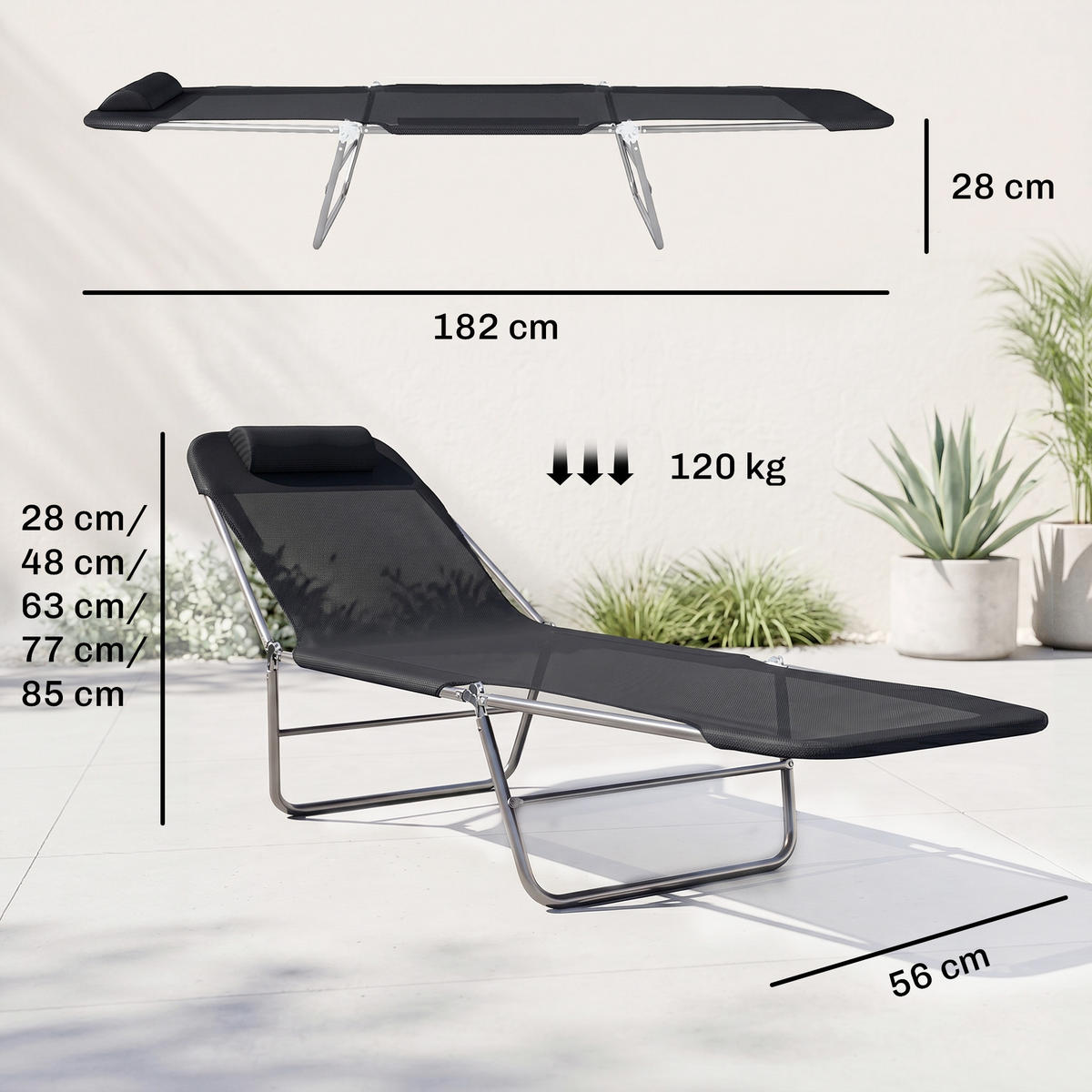 SONNENLIEGE Klappbare mit verstellbarer Rückenlehne und Kissen 182 x 56 x 24,5 cm - Schwarz, Metall (56/24.5/182cm) - Vallsero