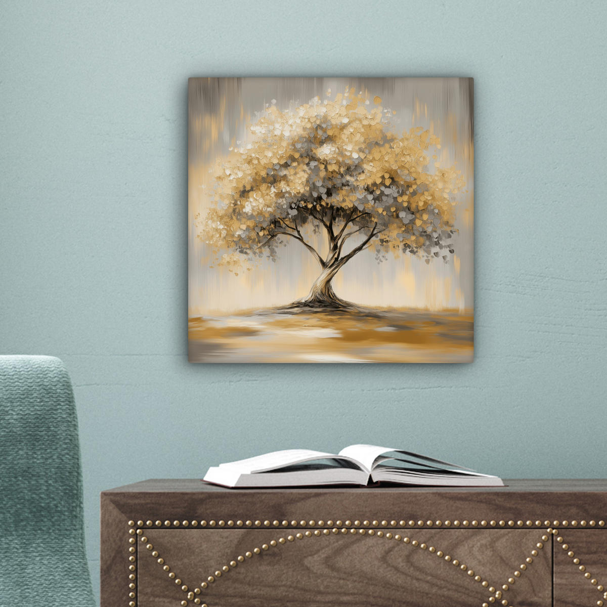 LEINWANDBILD Gemälde - Baum - Abstrakt - Blätter Deko Wohnzimmer 20x20 cm - Beige, Textil (20/20cm) - MuchoWow