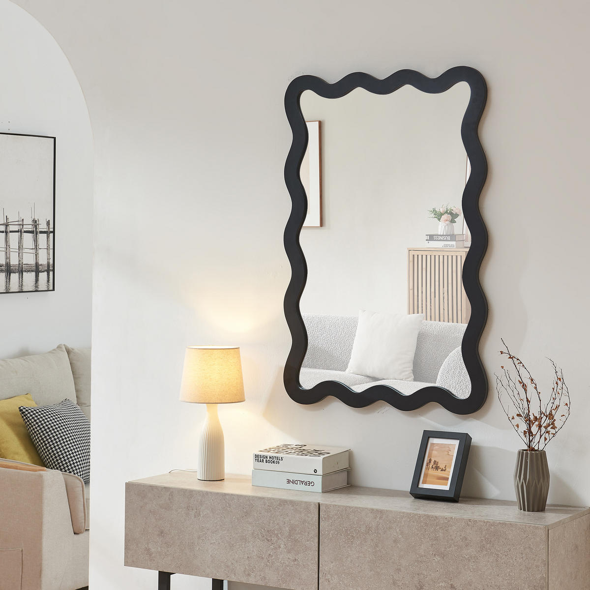 NÁSTĚNNÉ ZRCADLO Koster - černá, kompozitní dřevo/sklo (60/90/60cm) - [en.casa]