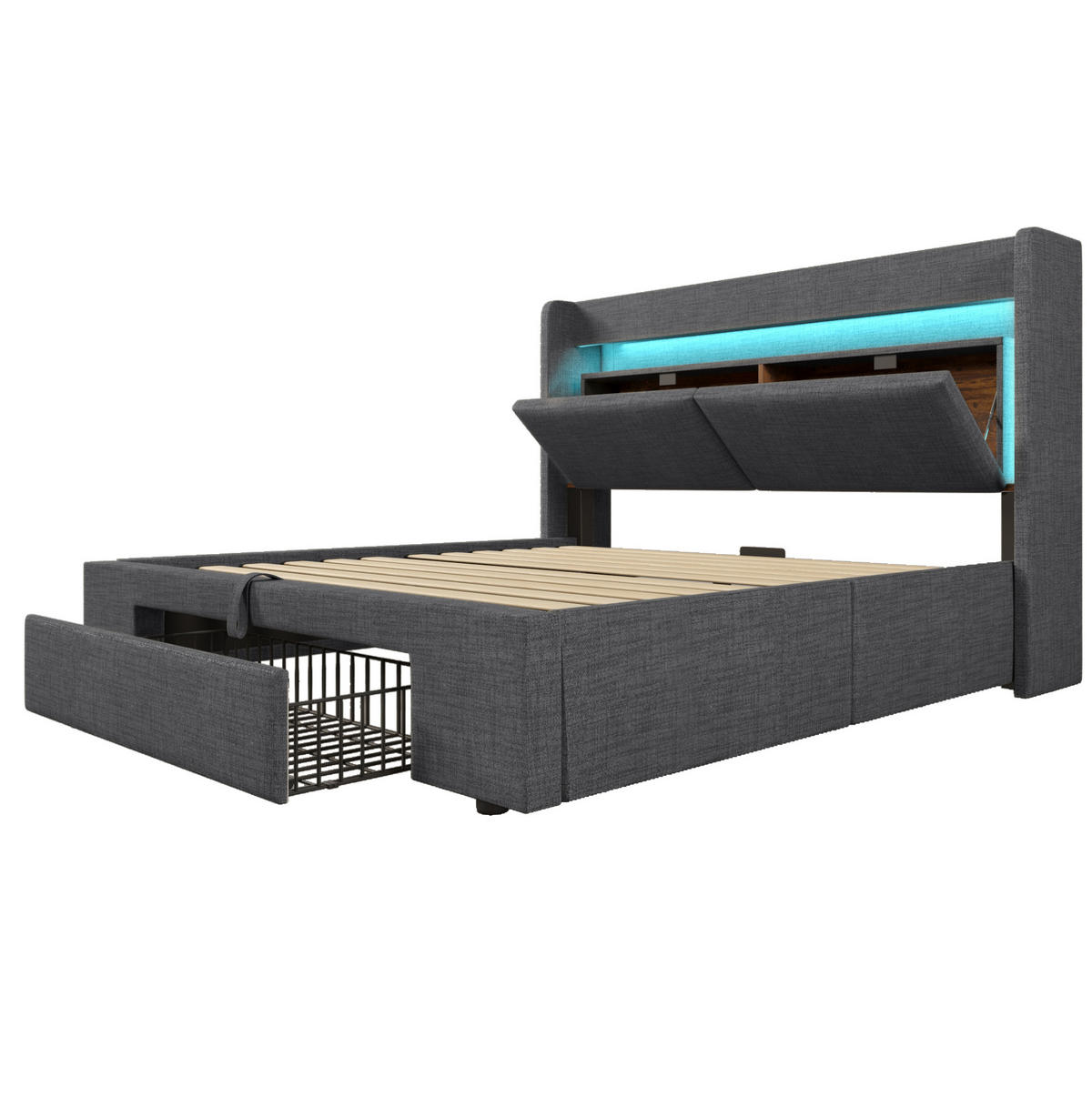 POLSTERBETT mit Stauraum 160x200 cm Leinen Grau mit LED & USB - Grau, Metall (160/200cm) - Meubliv