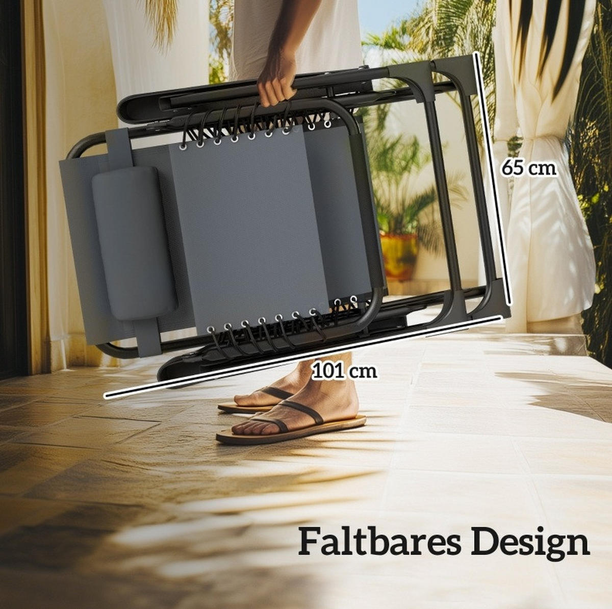 SONNENLIEGEN-SET aus Metall 90x65x110 cm Grau klappbar mit Beistelltisch, Getränkehaltern und Kopfstützen - Grau, Metall (65/110/90cm) - Modfu