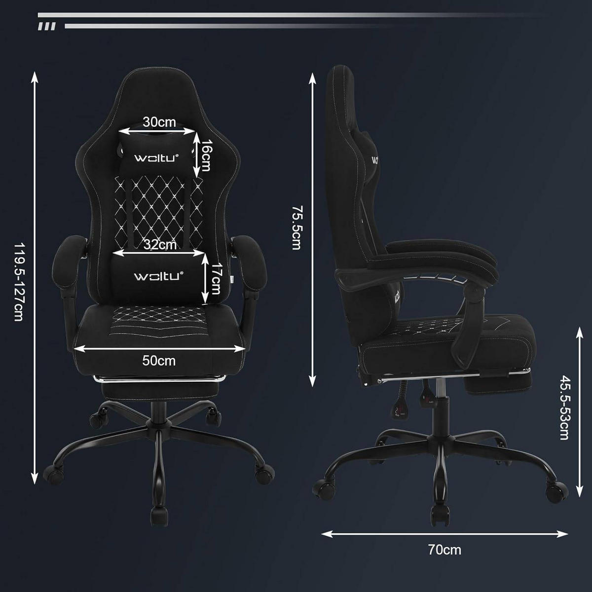 GAMINGSTUHL mit Massagefunktion, Computerstuhl Ergonomisch - Schwarz/Weiß, Kunststoff/Textil (70/127/70cm) - Woltu