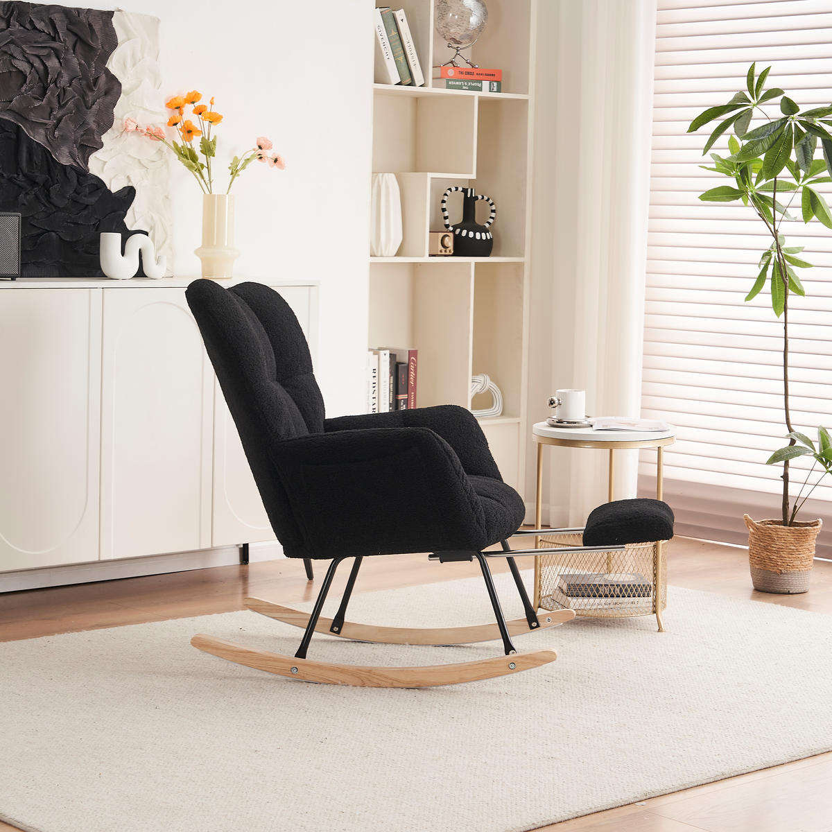 SCHAUKELSTUHL Teddy-Stoff mit klappbarer Fußablage 80/98/98.5 cm Schwarz - Schwarz, Textil (98/98.5/80cm) - Redom