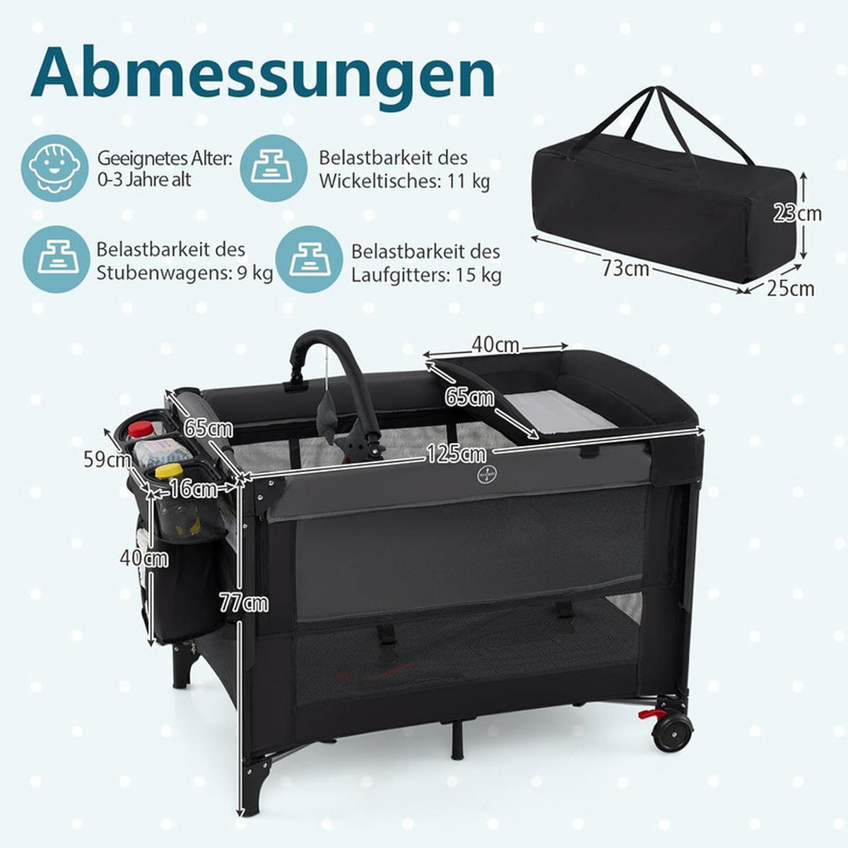 BEISTELLBETT mit Matratze schwarz - Schwarz, Textil - COSTWAY