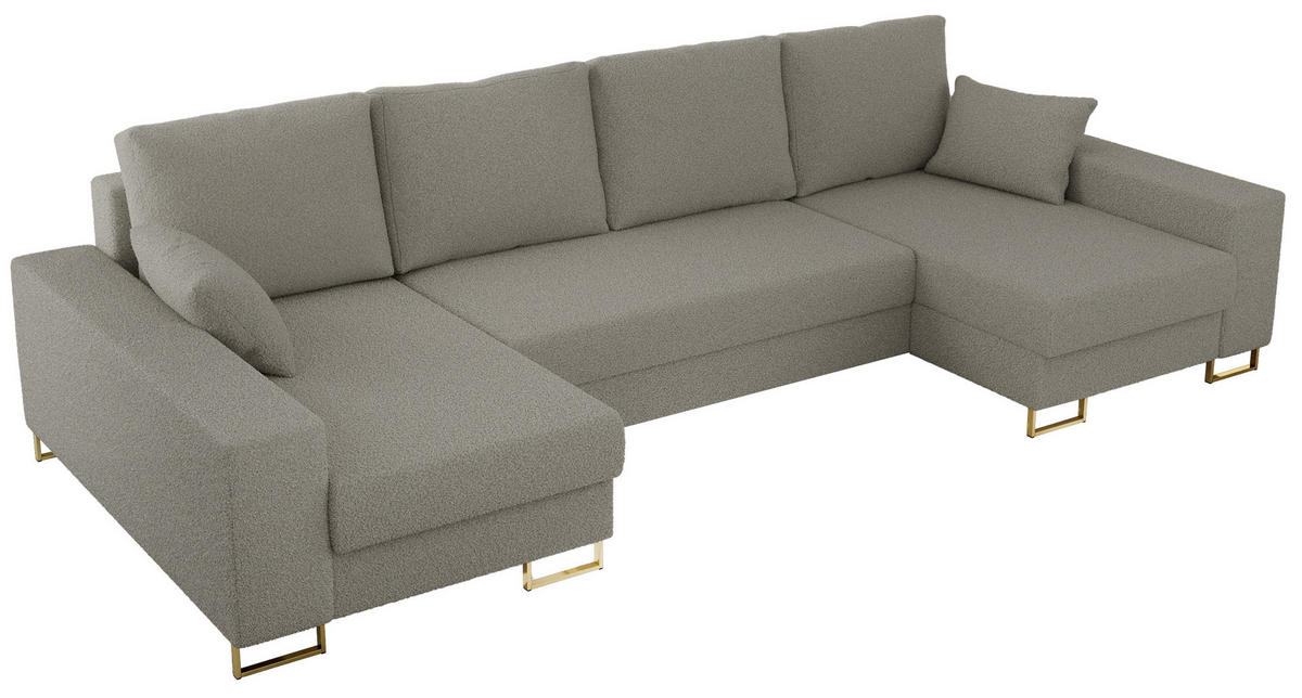 WOHNLANDSCHAFT DORIAN U Bouclé Hellgrau - Goldfarben/Hellgrau, Textil/Metall (312/95/138cm) - MKS