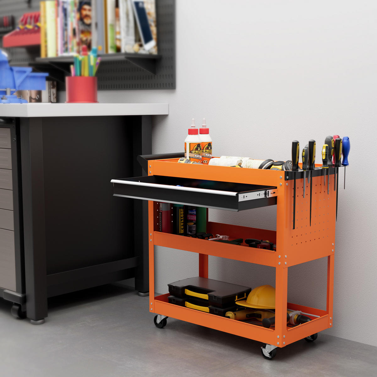 WERKZEUGWAGEN mit Schublade und 3 Ablagen, 82 x 35 x 76 cm, Orange - Multicolor, Kunststoff (35/76/82cm) - FORIOUS