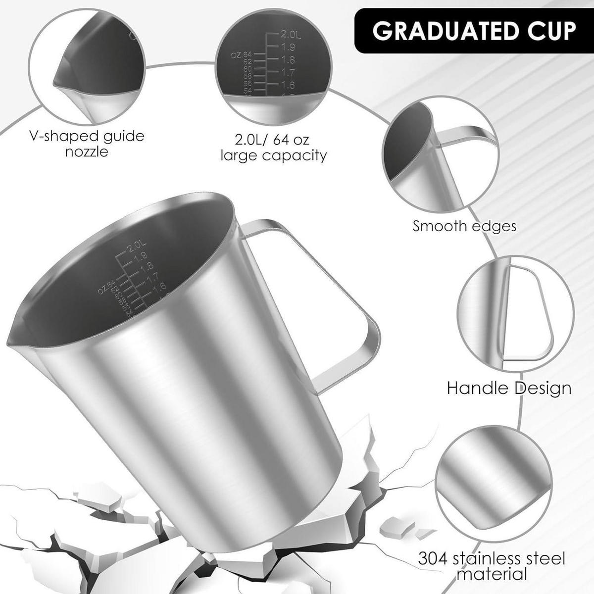 MESSBECHER Edelstahl 2000 ml mit Feinskala und Griff - Silberfarben, Metall (2L)