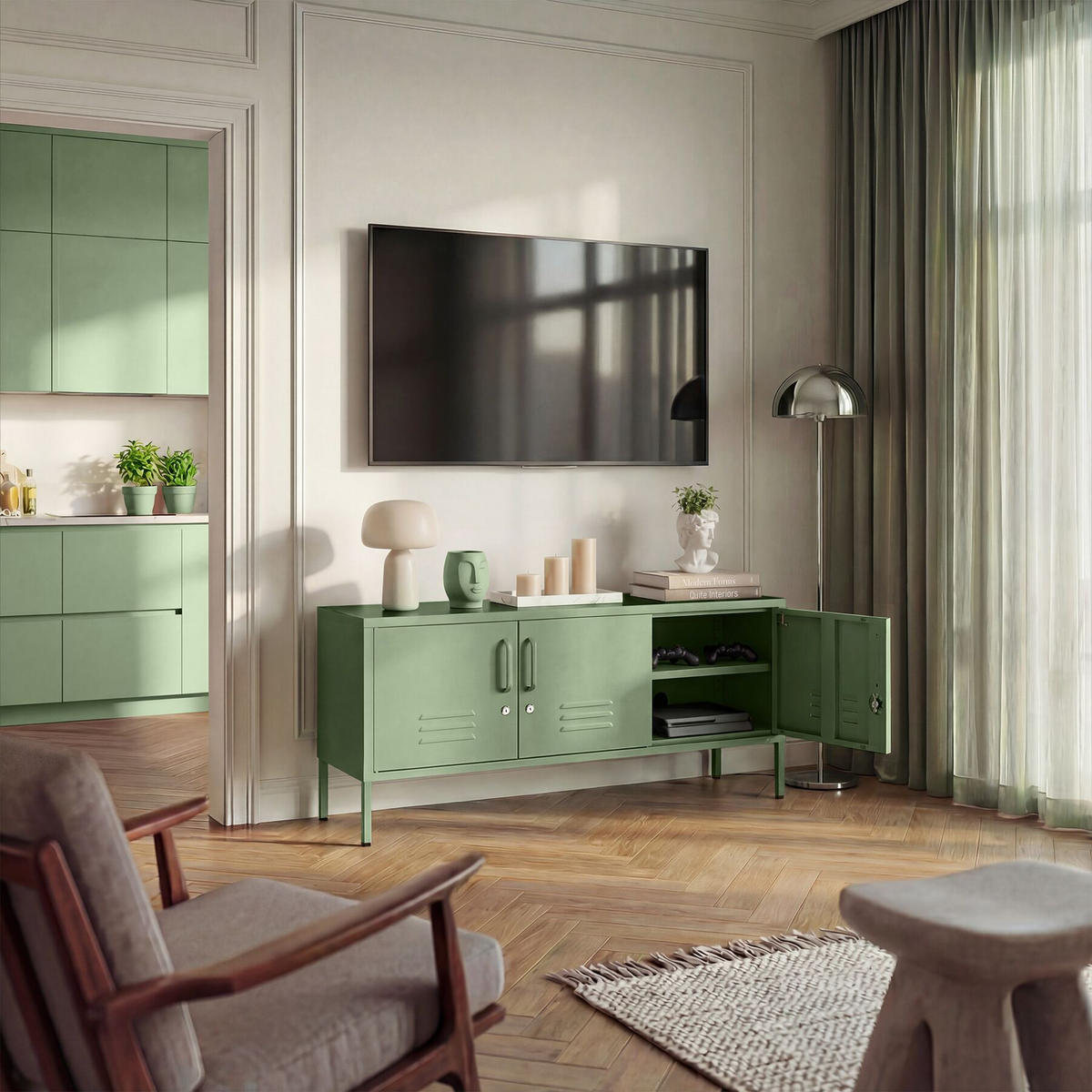 SIDEBOARD Baker, Kippschutz, höhenverstellbare Füße, salbeigrün - Salbeigrün, Metall (120/55.5/37.5cm) - tectake