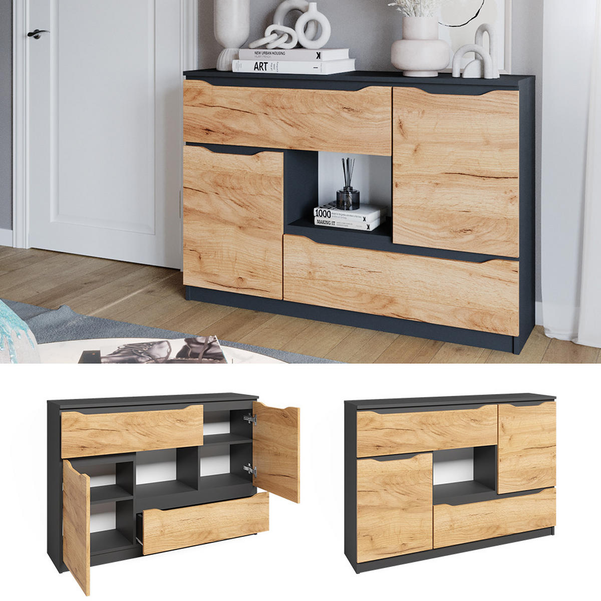 KOMMODE Ruben Goldkraft Eiche 120 x 84 cm mit Schubladen - Anthrazit/Eiche Wotan, Holzwerkstoff (120/84/30cm) - Vicco