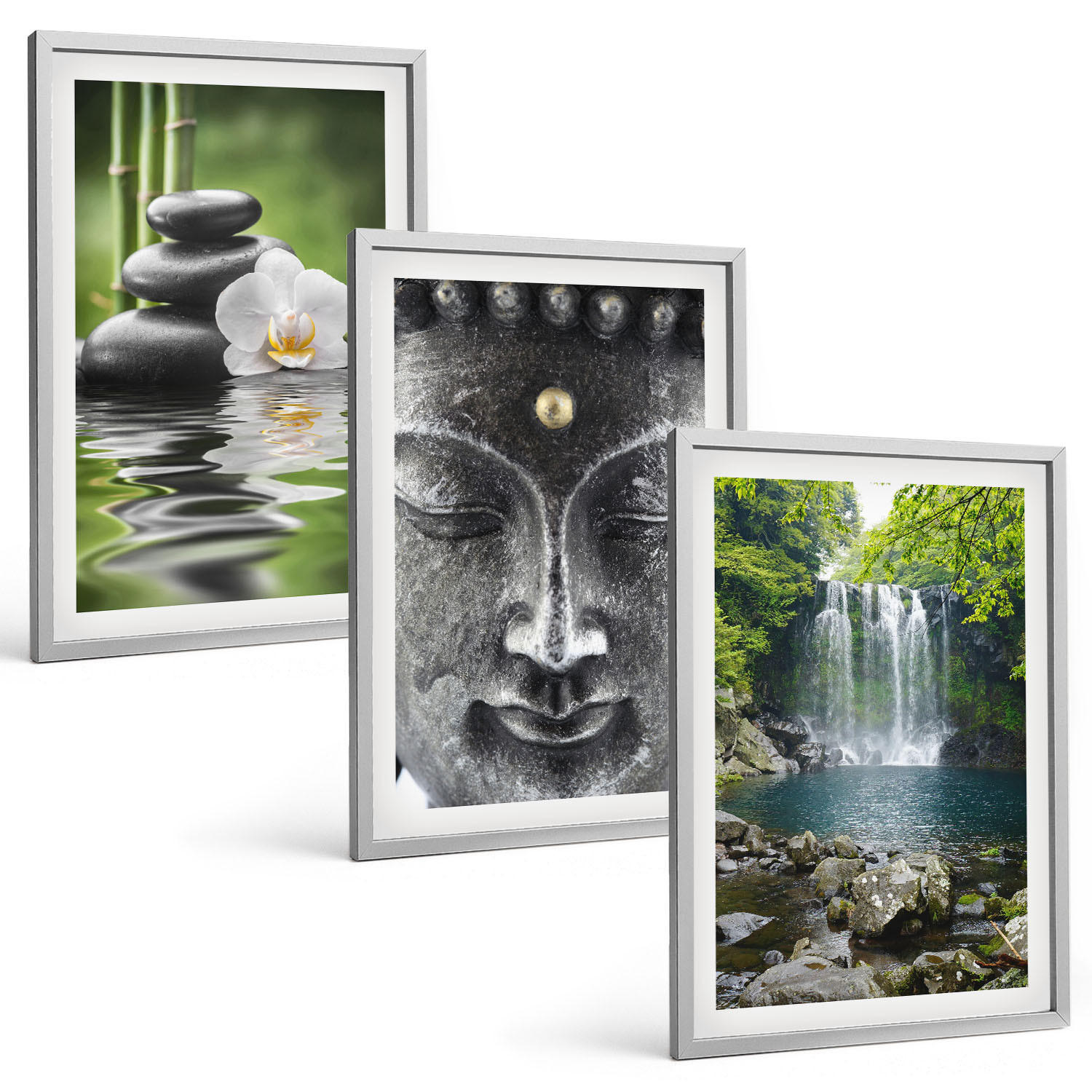 BILDER SET 3er Set - 40x60 cm Silberner Rahmen - Harmoniesteine Wasser Buddha - Silberfarben, Kunststoff (40/60cm) - TULUP