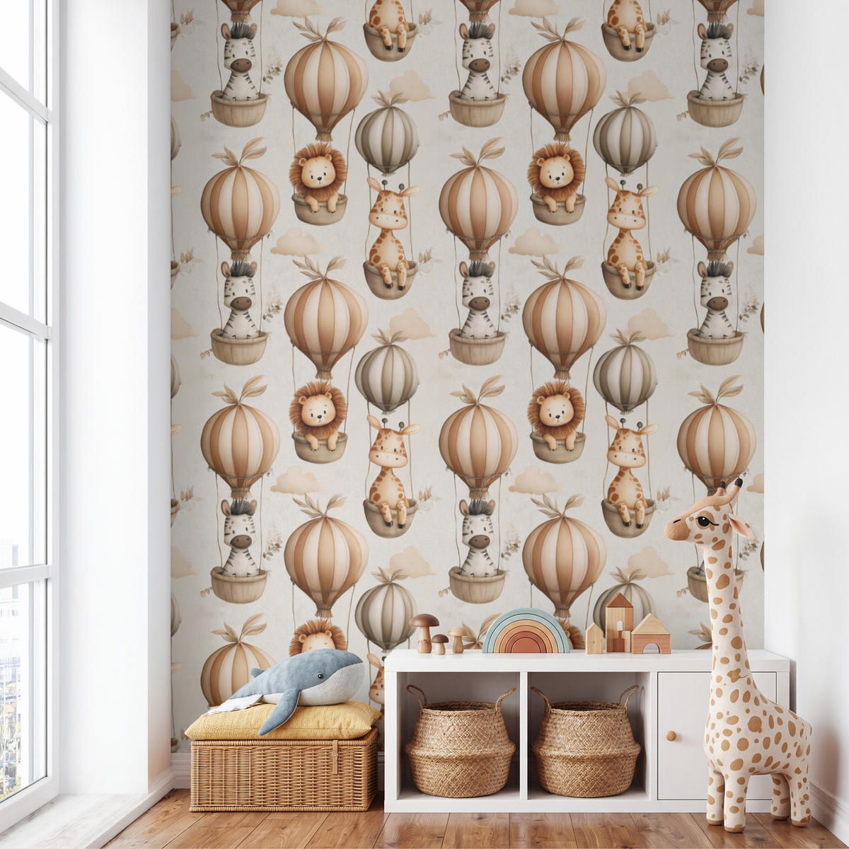 KINDERTAPETE - Safari - Heißluftballons - Taupe - 200x260 cm - Beige, Papier (200/260cm) - OnlyWow